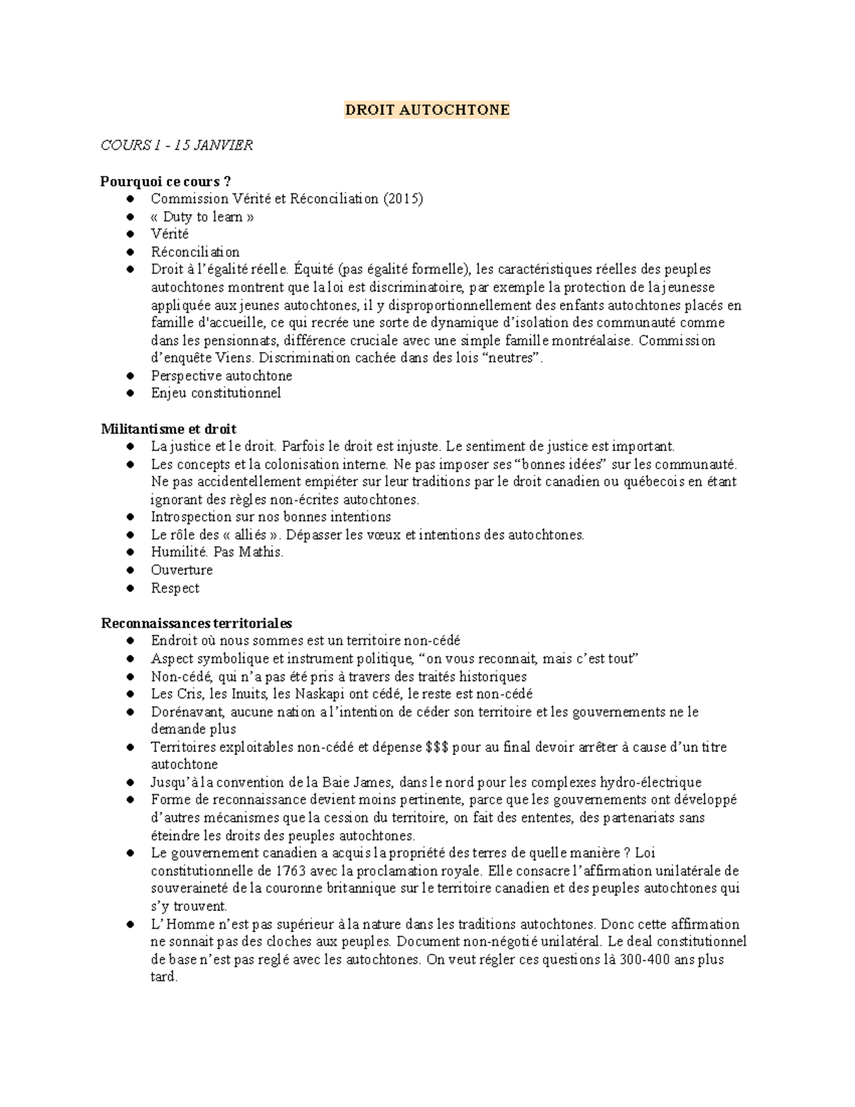 DROIT AUTOCHTONE COURS 1-5 : Notes de Cours et Réflexions sur la ...