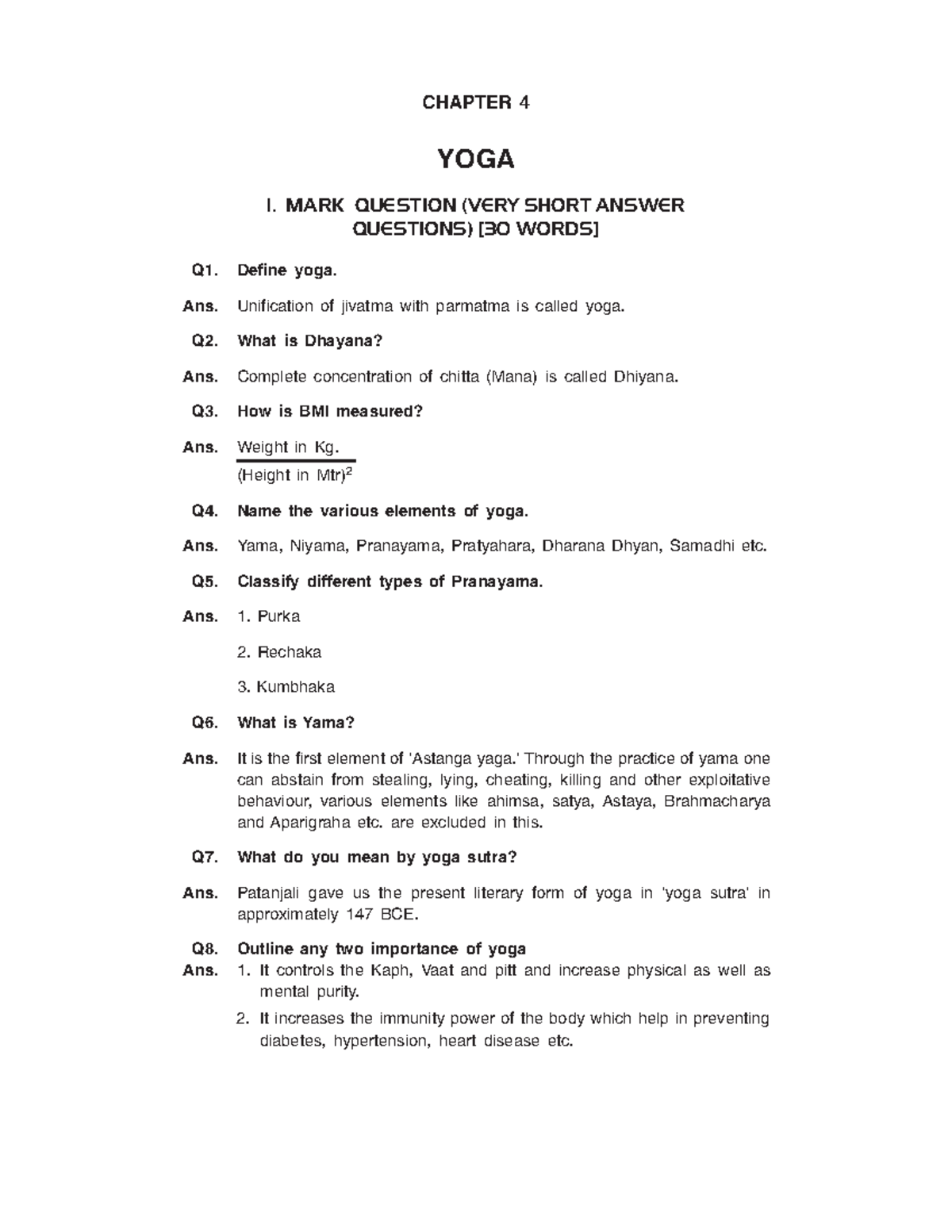 Yoga - Class 11 PE Notes on Principles & Benefits - Studocu