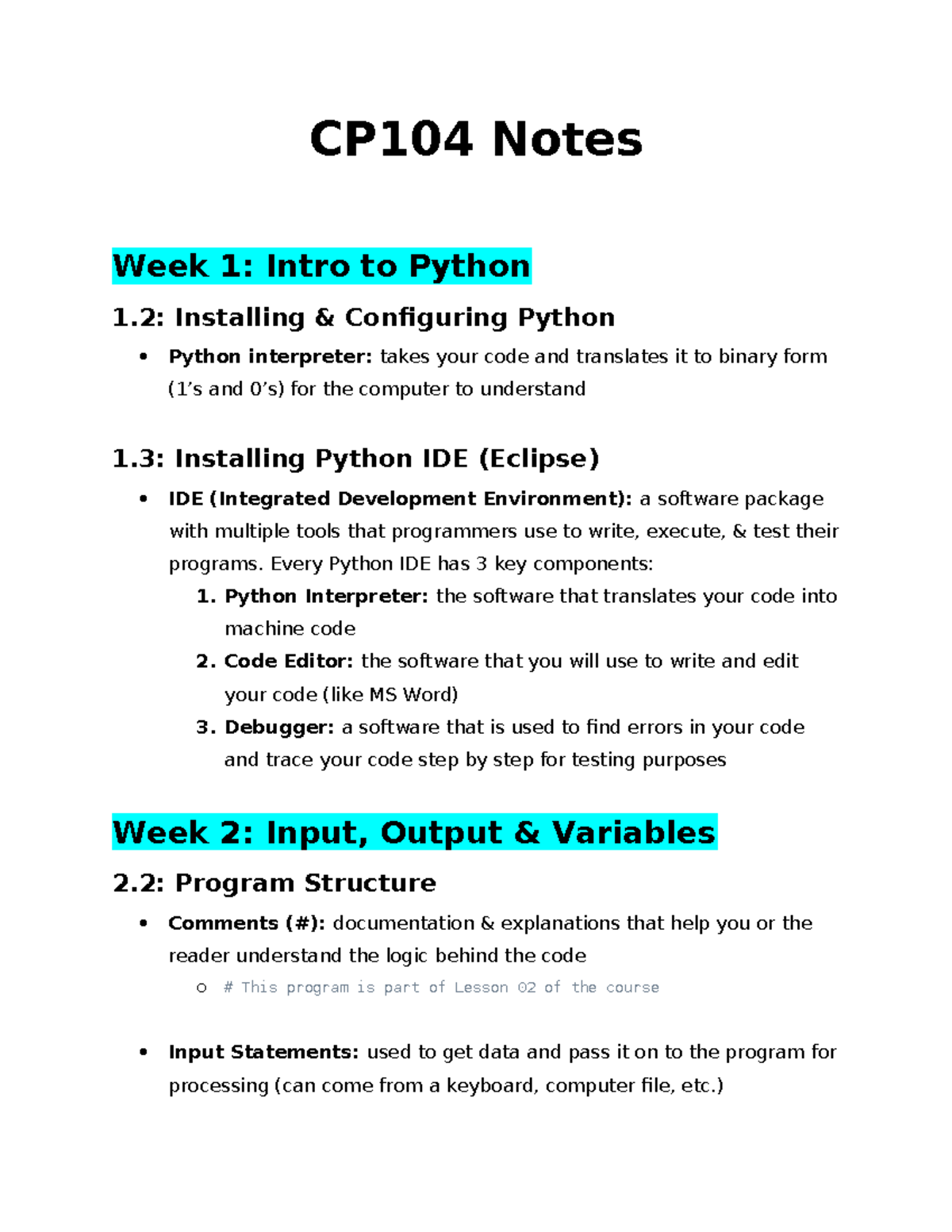 CP104 Lesson 02 Notes: Intro to Python Basics and I/O - Studocu