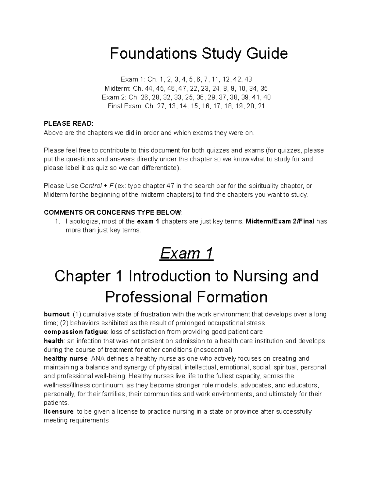 Foundations Study Guide: Exam and Midterm Prep for Course NUR 101 - Studocu