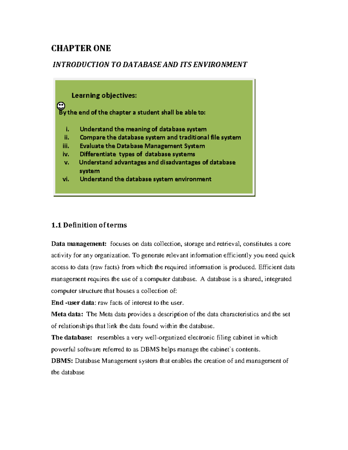 Introduction to database notes - CHAPTER ONE INTRODUCTION TO DATABASE ...