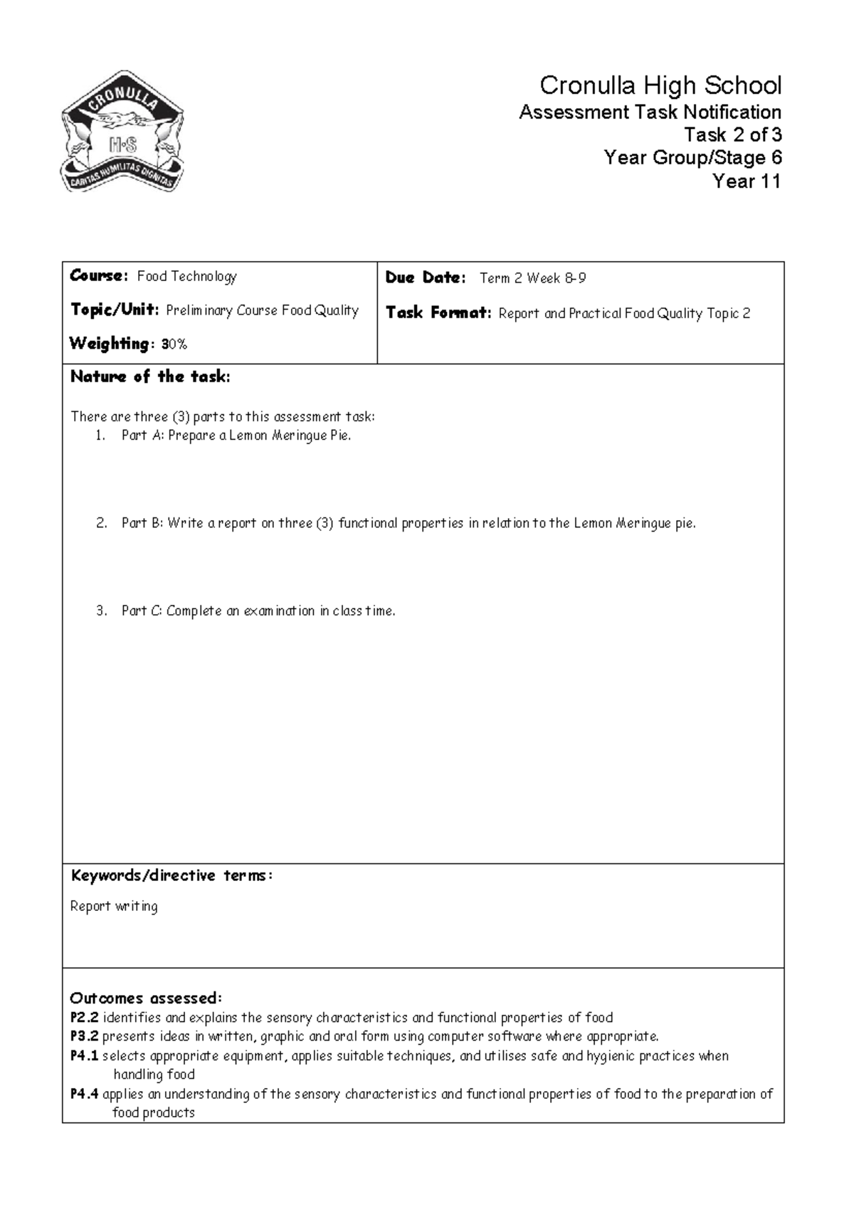 Year 11 Food Technology Assessment Task 2: Food Quality Report ...