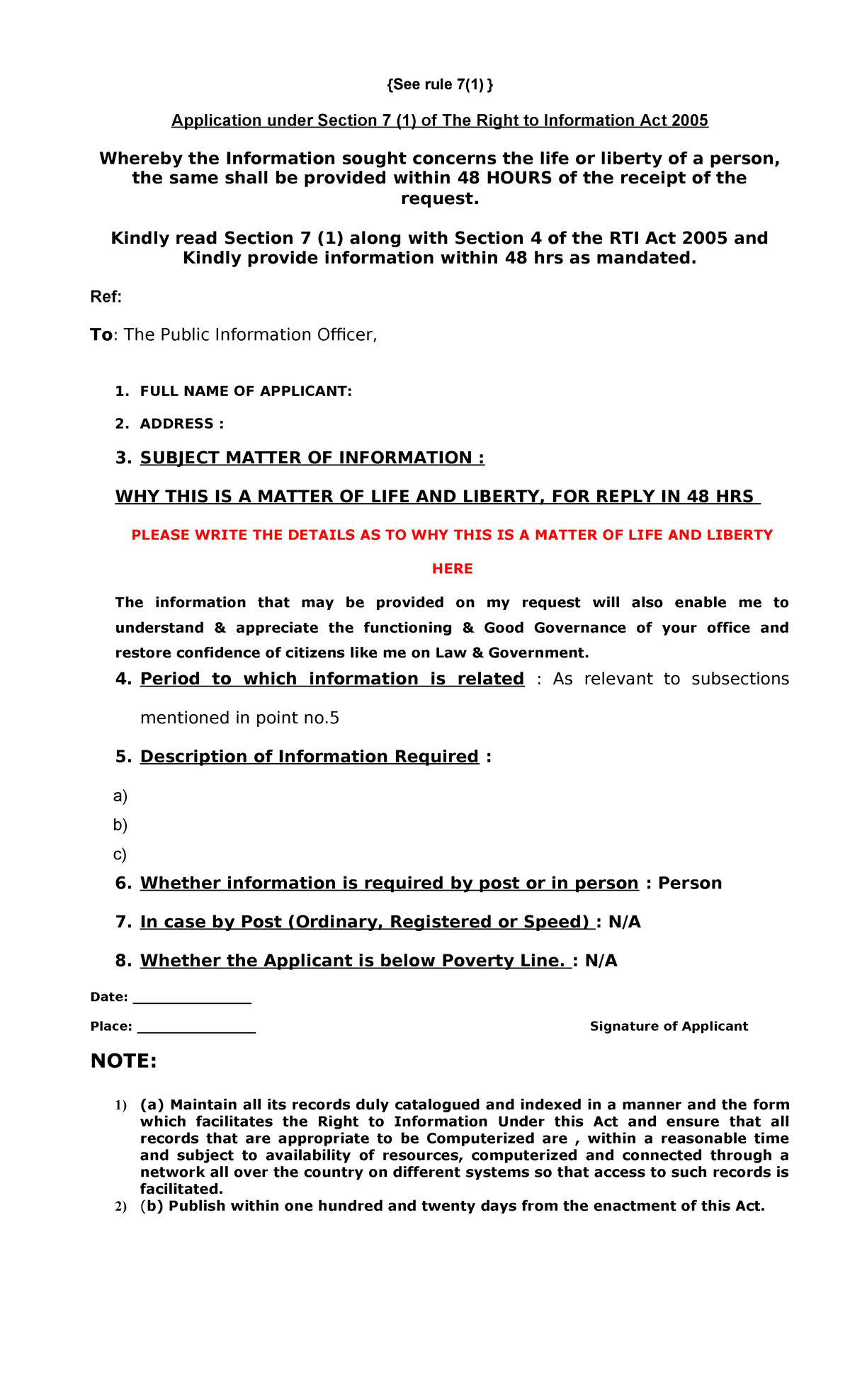 RTI Application Format - Request for Urgent Life/Limitation Info - Studocu