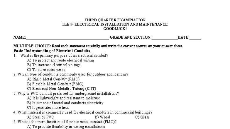 Quarterly Exam for EIM 9: Electrical Installation Basics - Studocu