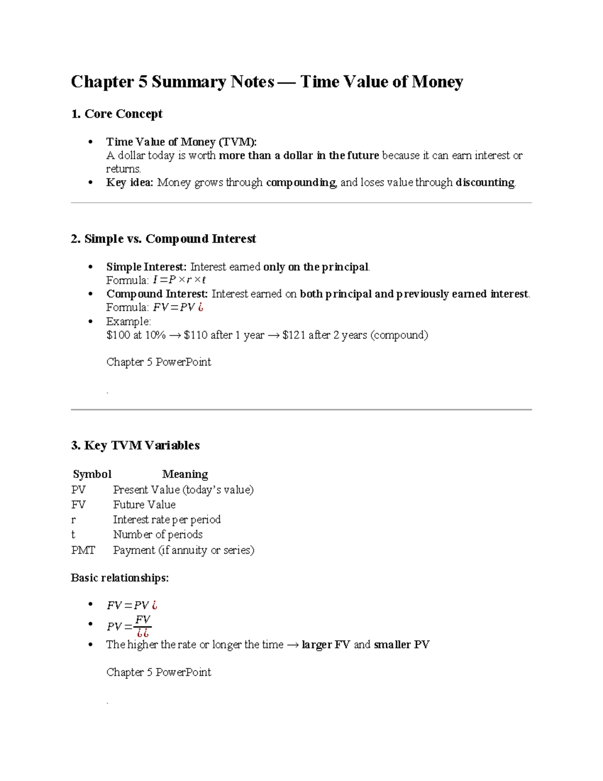 Chapter 5 Summary Notes: Time Value of Money Concepts - Studocu