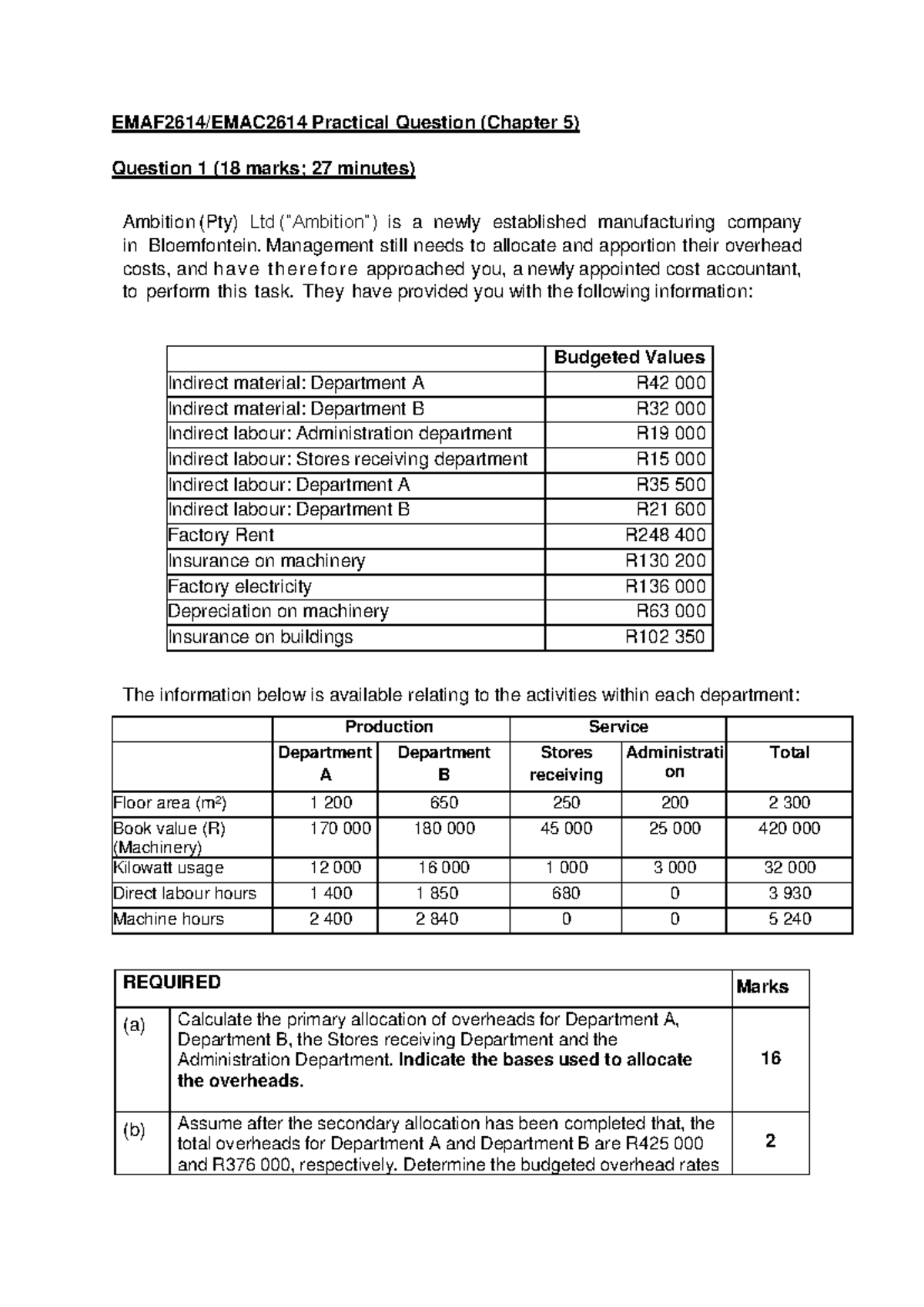 EMAF2614/EMAC2614 Practical Question 1: Overhead Cost Allocation ...