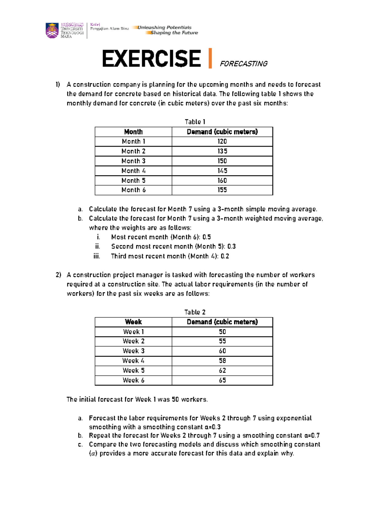 Forecasting 20244 - EXERCISE | FORECASTING A construction company is ...