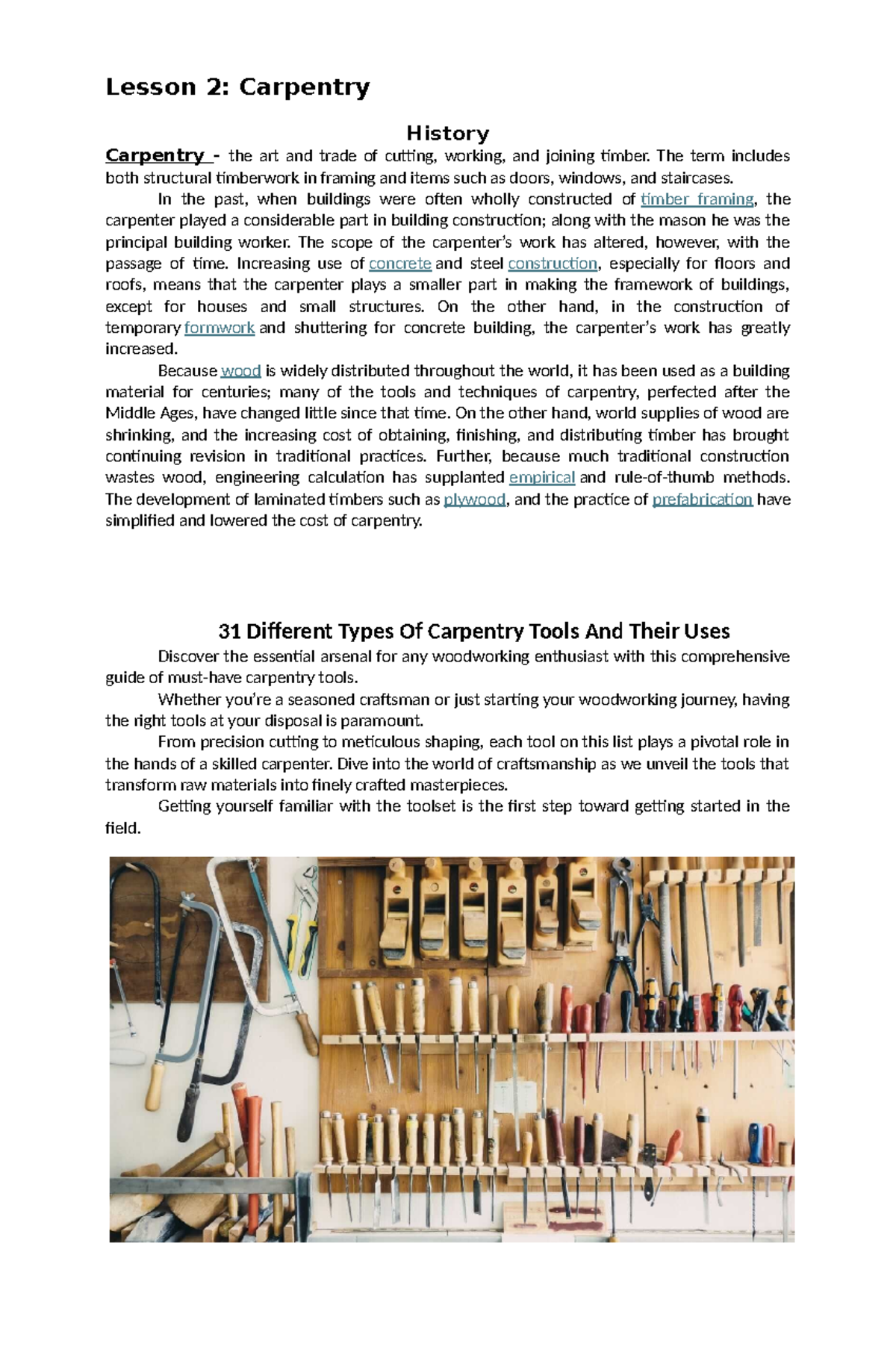 Lesson 2: Carpentry Tools and Techniques Overview - Studocu