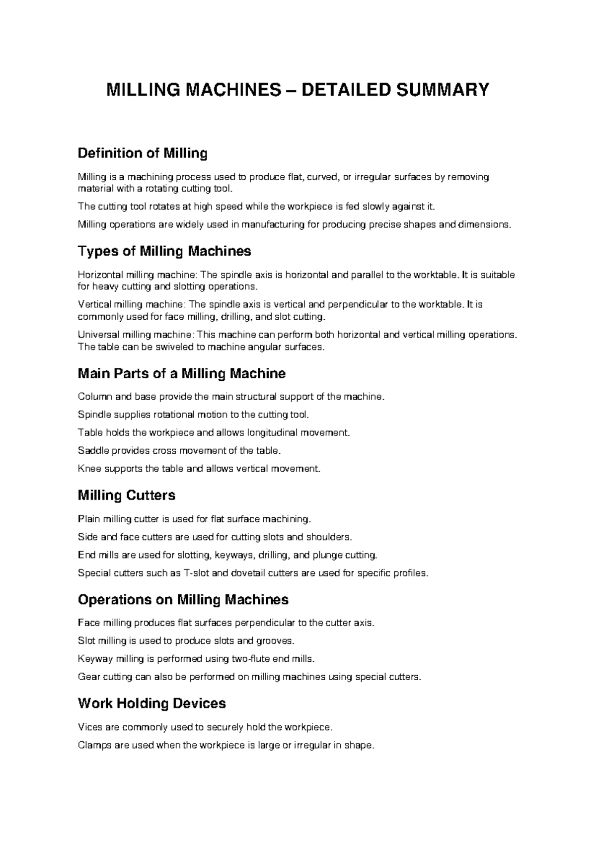 MILLING MACHINES (ENGR 101) Final Exam Summary & Key Concepts - Studocu