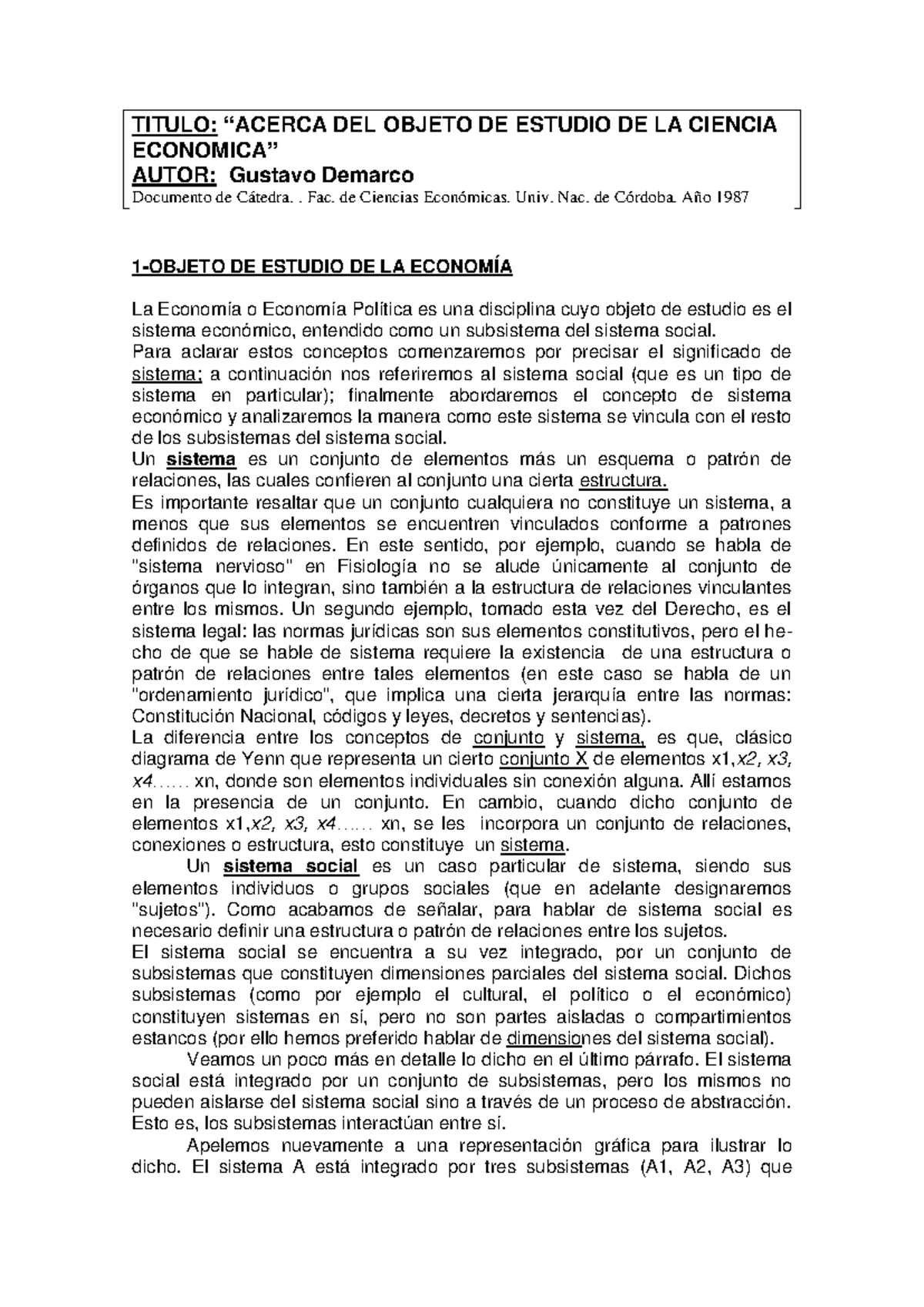 Apuntes sobre el Objeto de Estudio en la Ciencia Económica (ECO-1987) - Document Preview