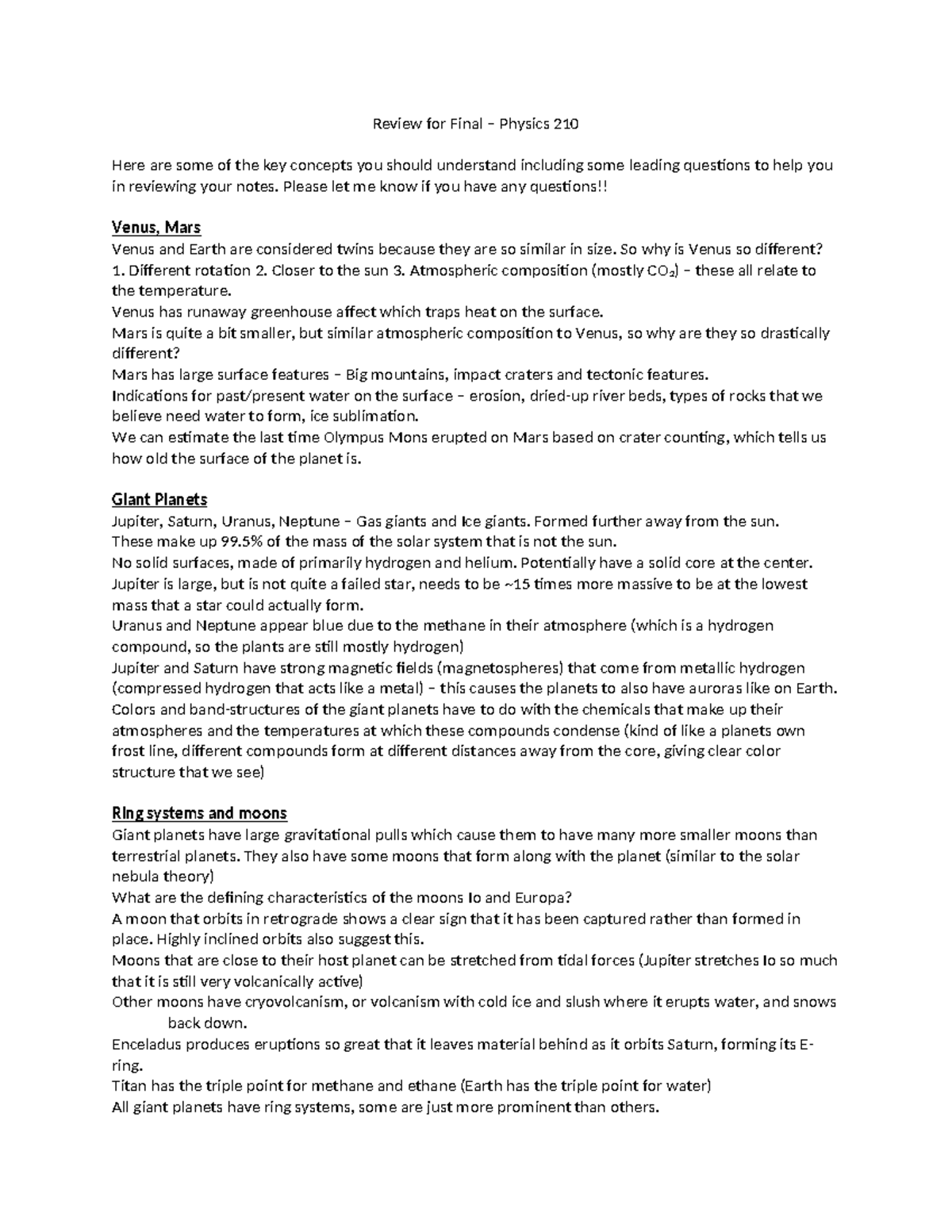 Final Exam Review – Physics 210: Key Concepts in Planetary Science ...