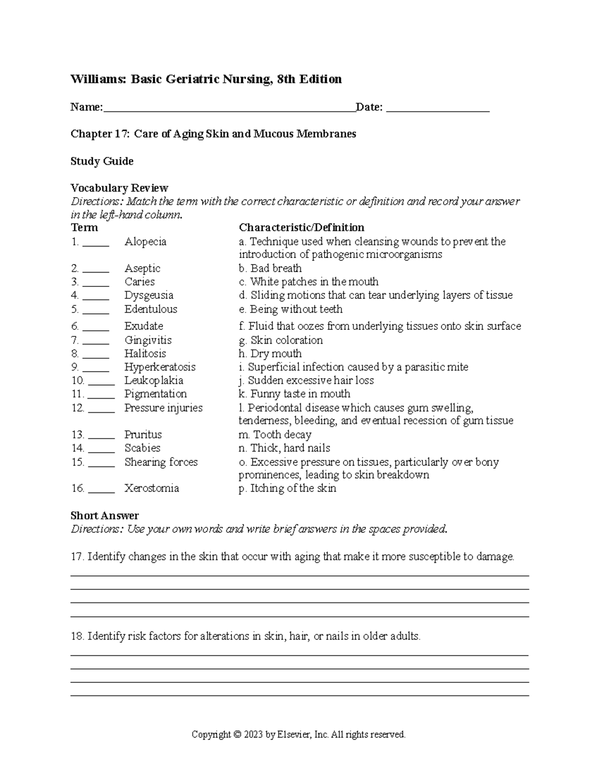 Chapter 017 - Geriatric Nursing Study Guide on Aging Skin Care - Studocu