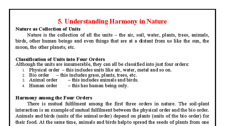 UHV 5 - Understanding Harmony in Nature: Four Orders Explained - Studocu