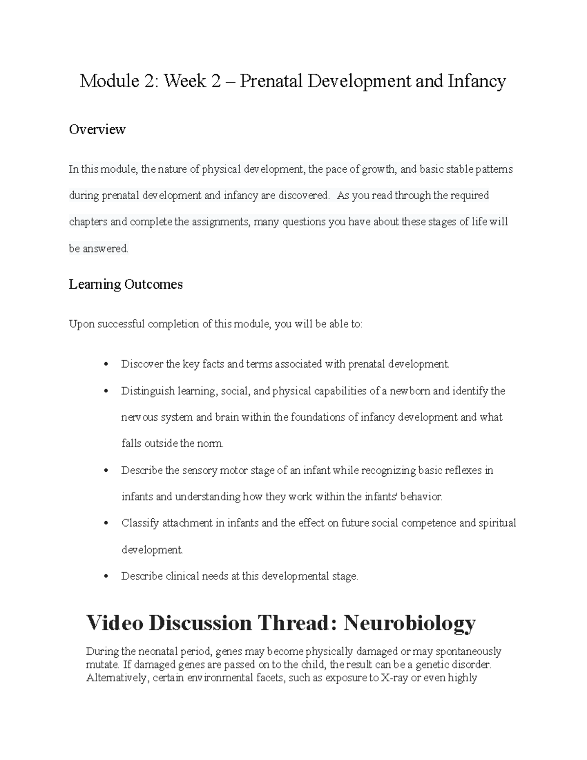 Module 2: Week 2 Overview of Prenatal Development & Infancy - Studocu