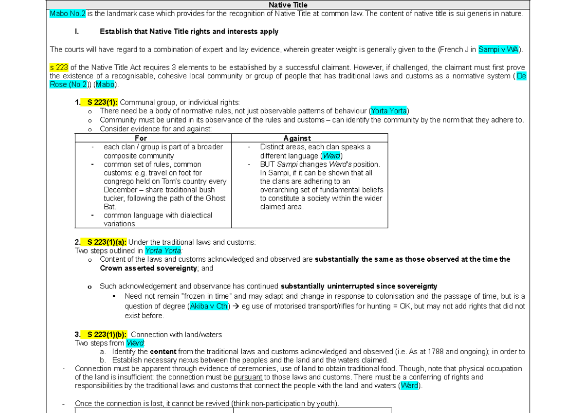 Native Title - Mabo No.2 Case Study (Final Exam) - Studocu