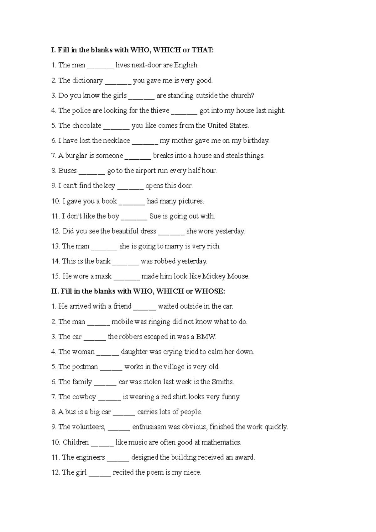 Relative Pronouns Exercises for English Language Learners (ENG101 ...