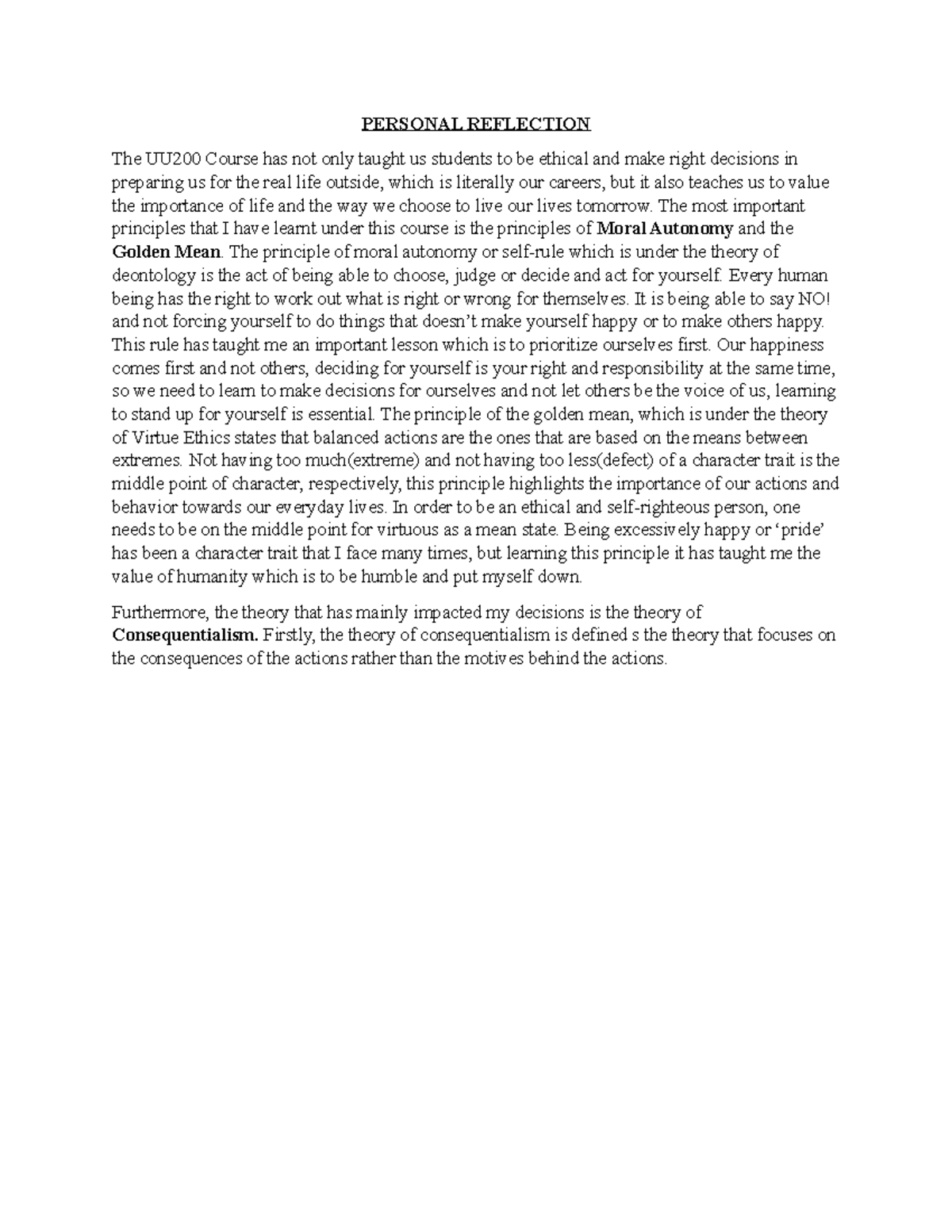 UU200 Personal Reflection on Ethics and Decision-Making Principles ...