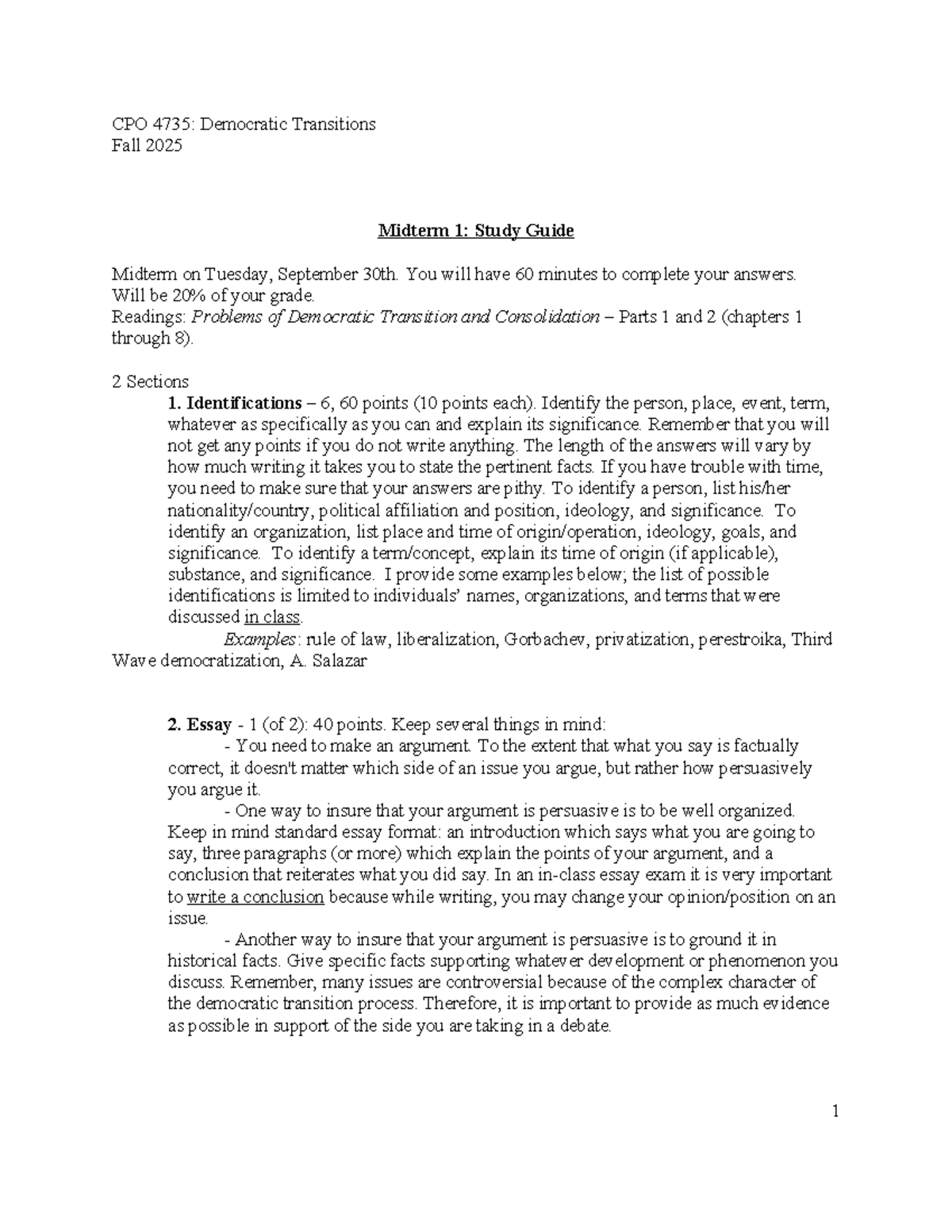 CPO 4735: Fall 2025 Midterm 1 Study Guide on Democratic Transitions ...