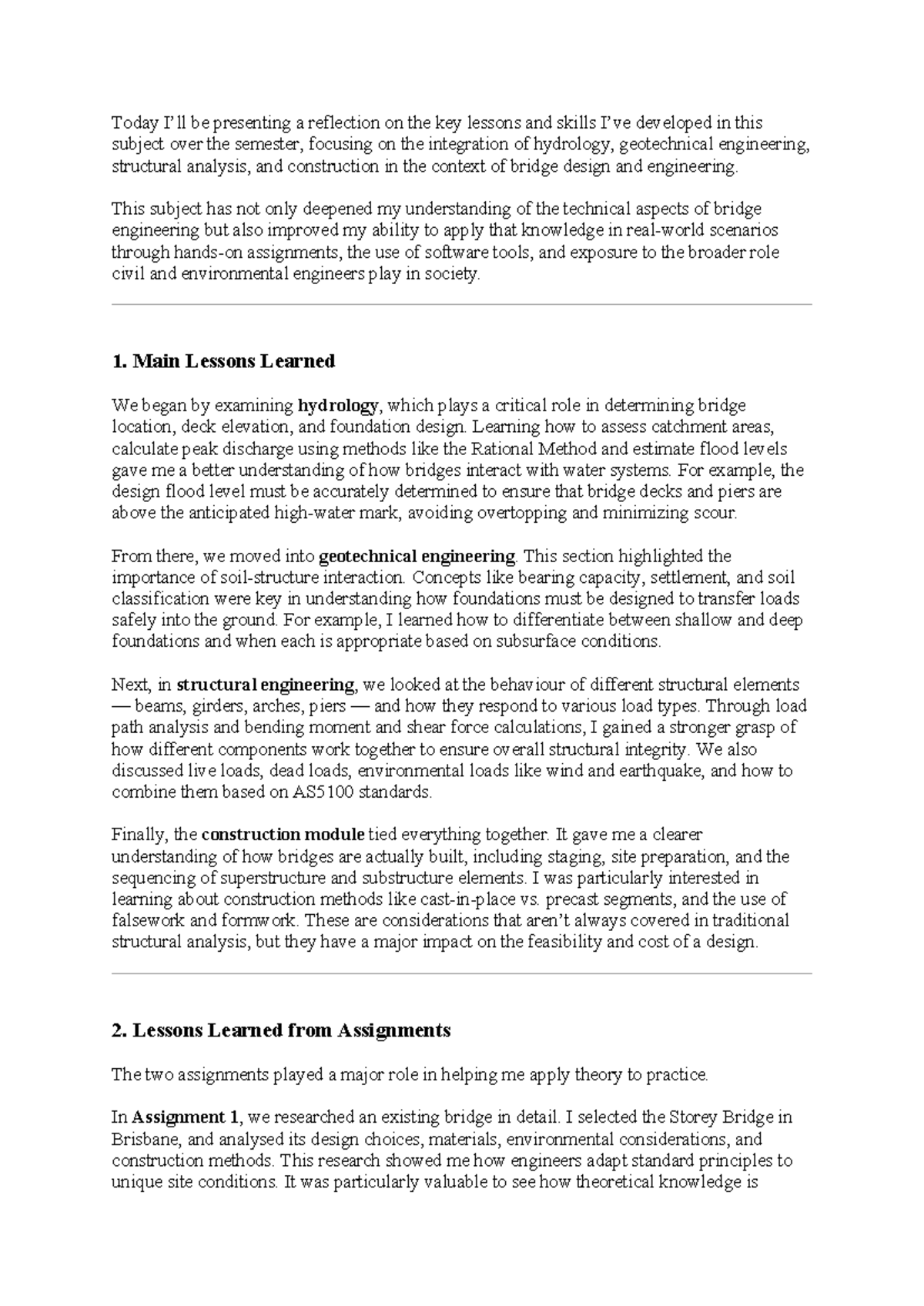 Reflection on Key Lessons in Bridge Engineering (CIVL 101) - Studocu