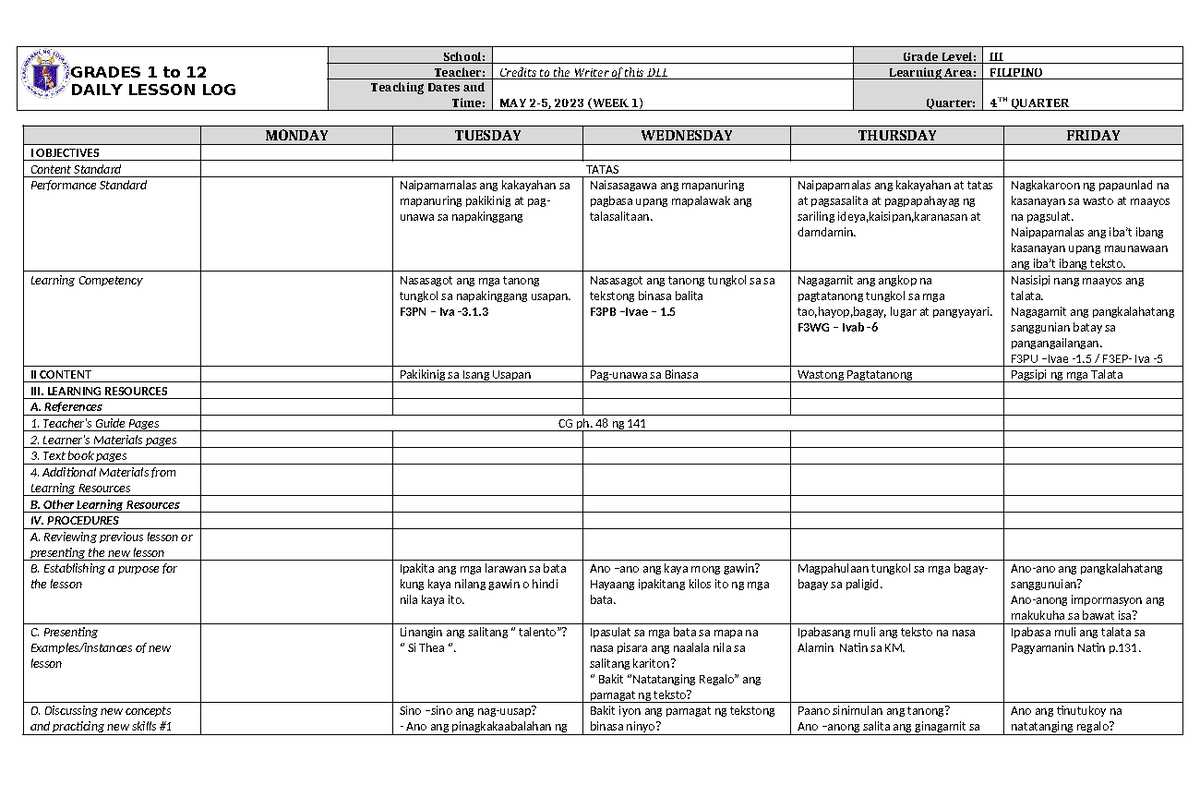 DLL Filipino 3 Q4 W1 - Daily Lesson Log for SY 2021-2022 - Studocu