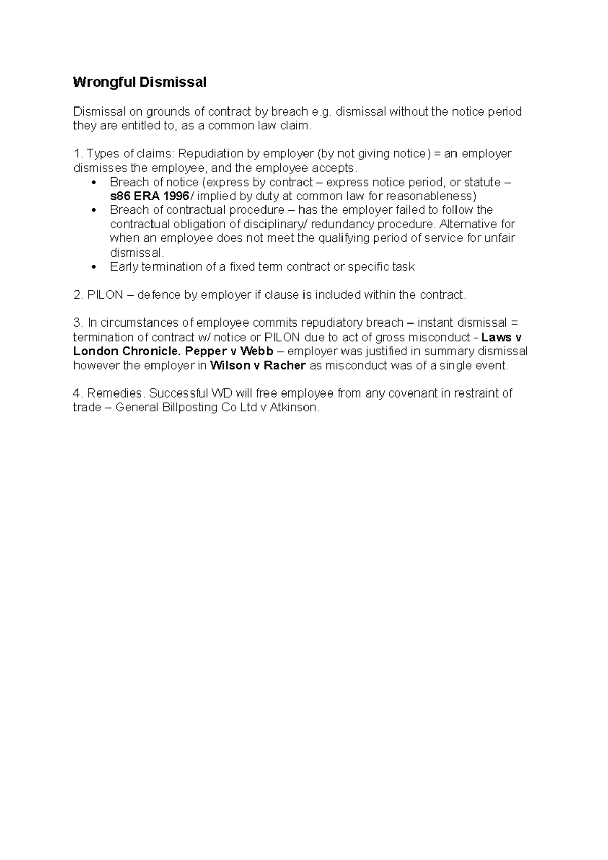 Wrongful Dismissal - Wrongful Dismissal Dismissal on grounds of ...