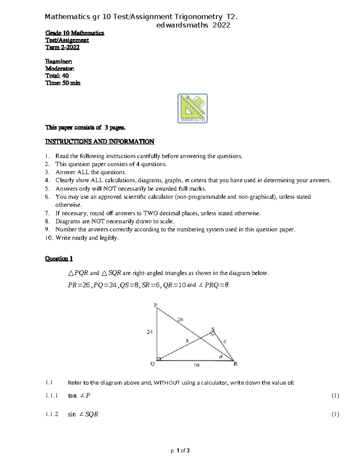 Gr 10 Maths Test/Assignment: Trigonometry T2 2022 Edwardsmaths - Studocu