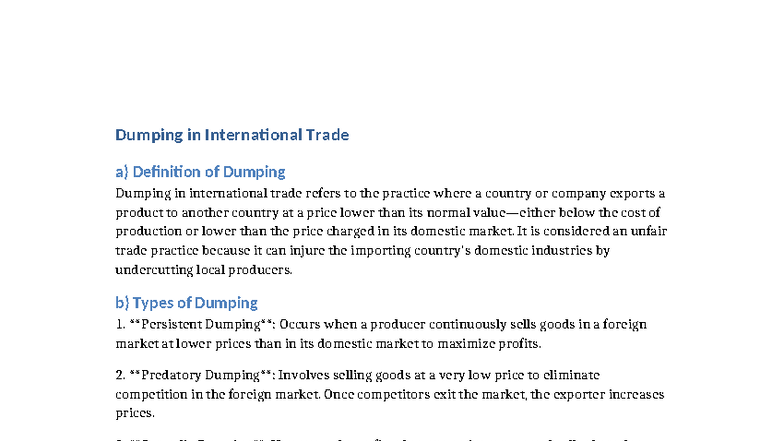 Dumping in International Trade: Assignment Notes - Studocu