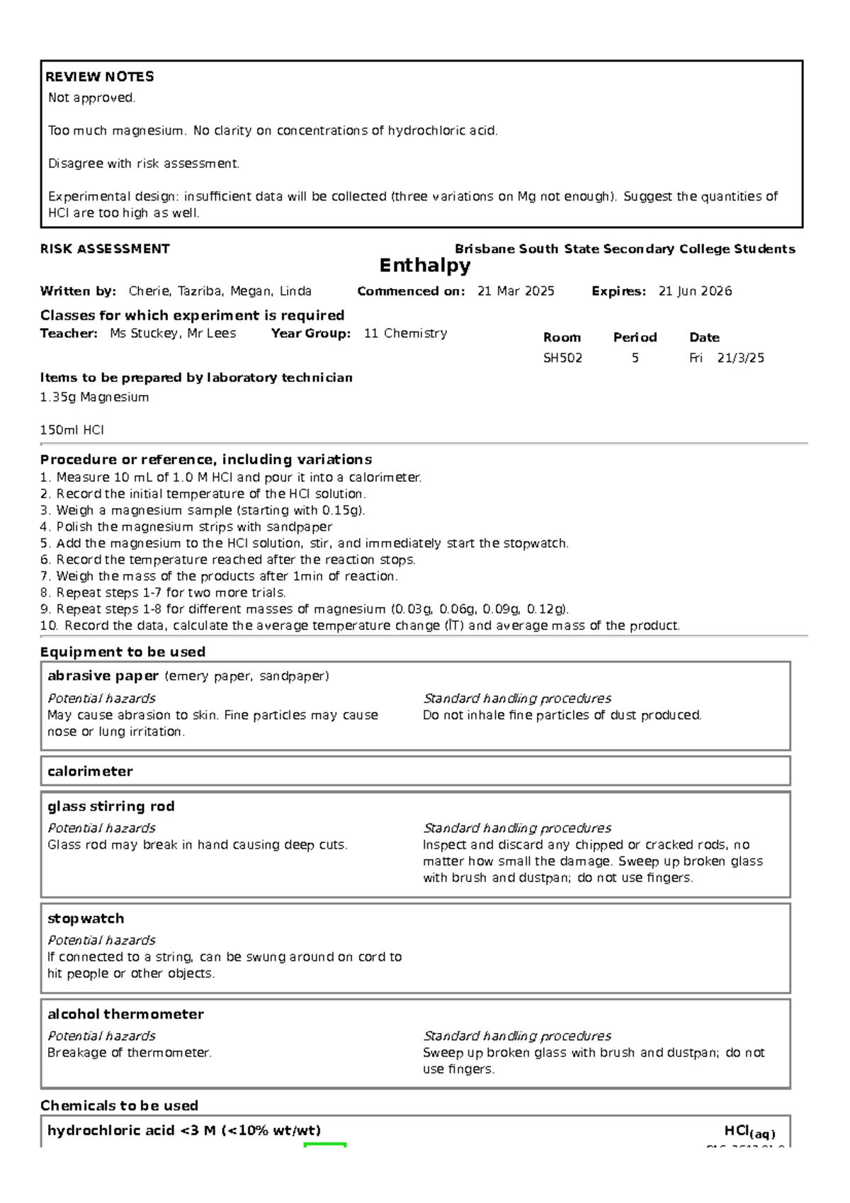 Enthalpy Experiment Review Notes for Year 11 Chemistry SH502 - Studocu