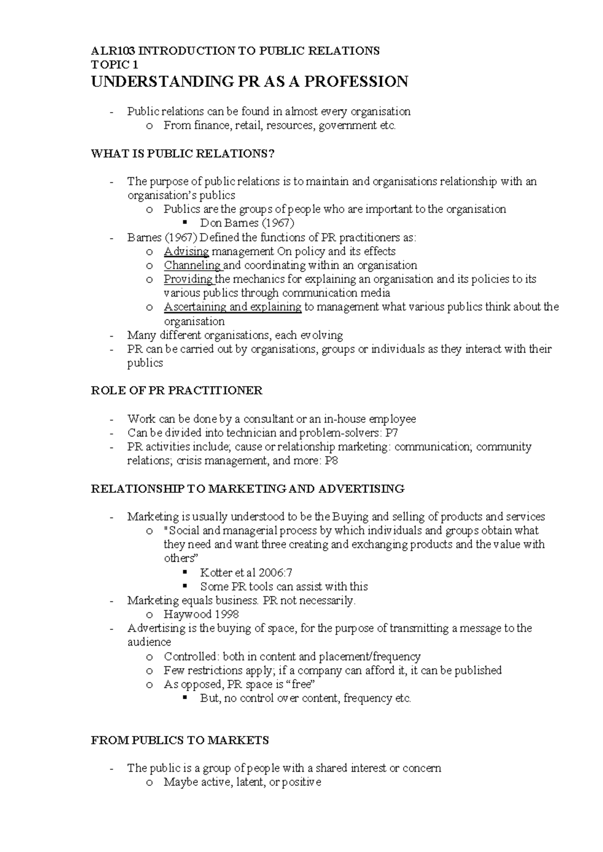 ALR103 Introduction to Public Relations: Key Concepts & Roles - Studocu
