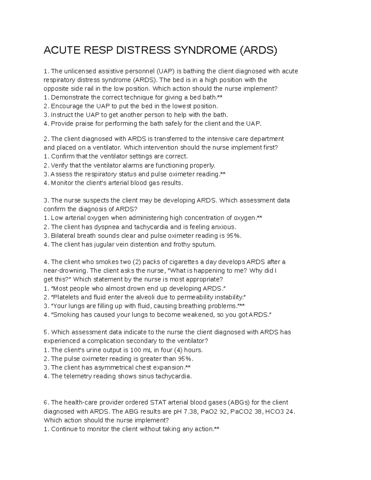 ARDS Nursing Practice Questions and Interventions - Studocu