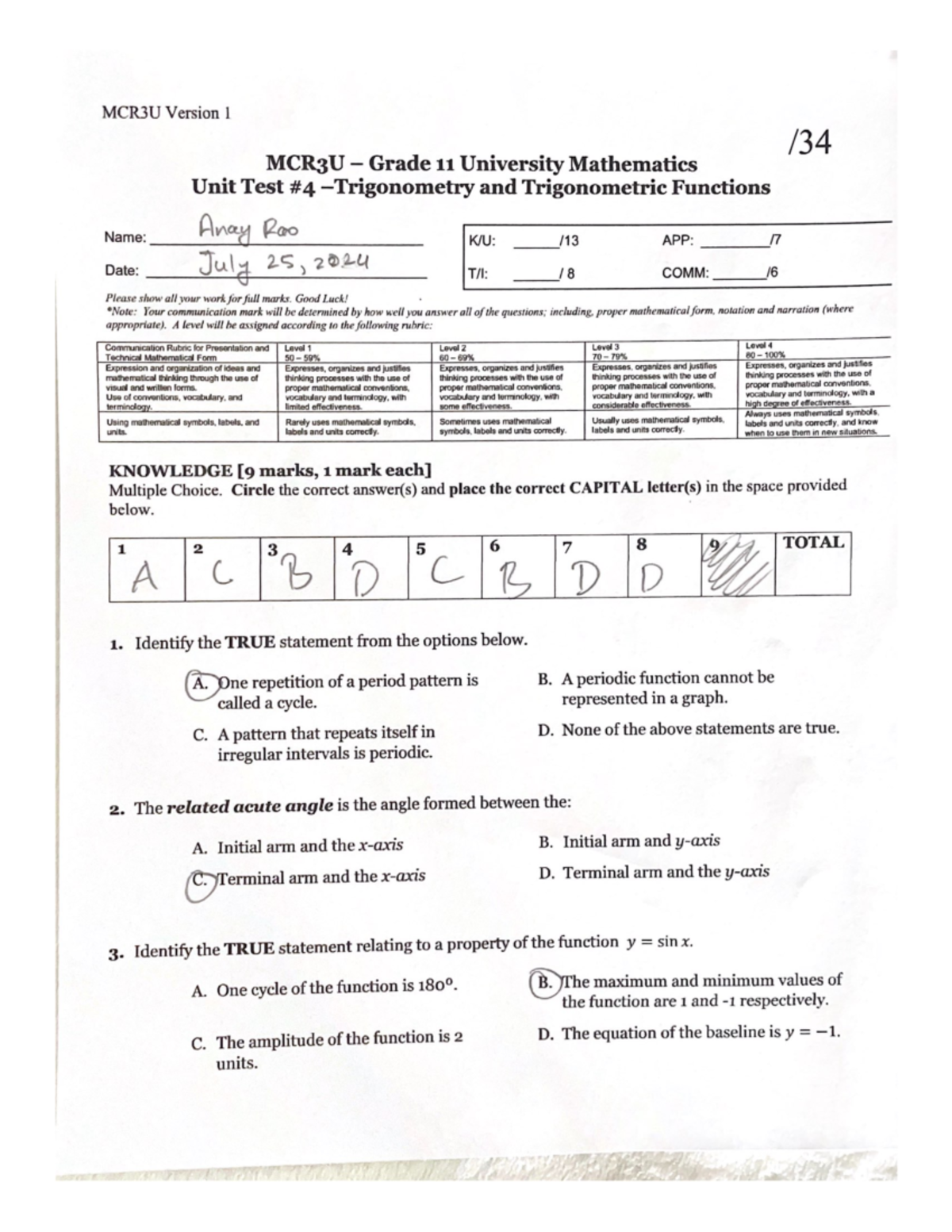 MCR3U Test 4 - Grade 11 Functions & Trigonometric Concepts - Studocu