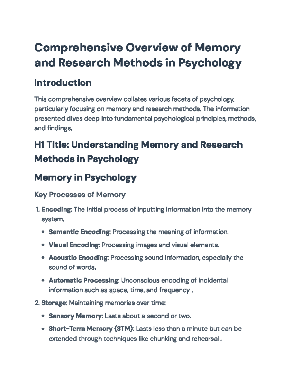 Understanding Memory and Research Methods in Psychology (PSY 101 ...