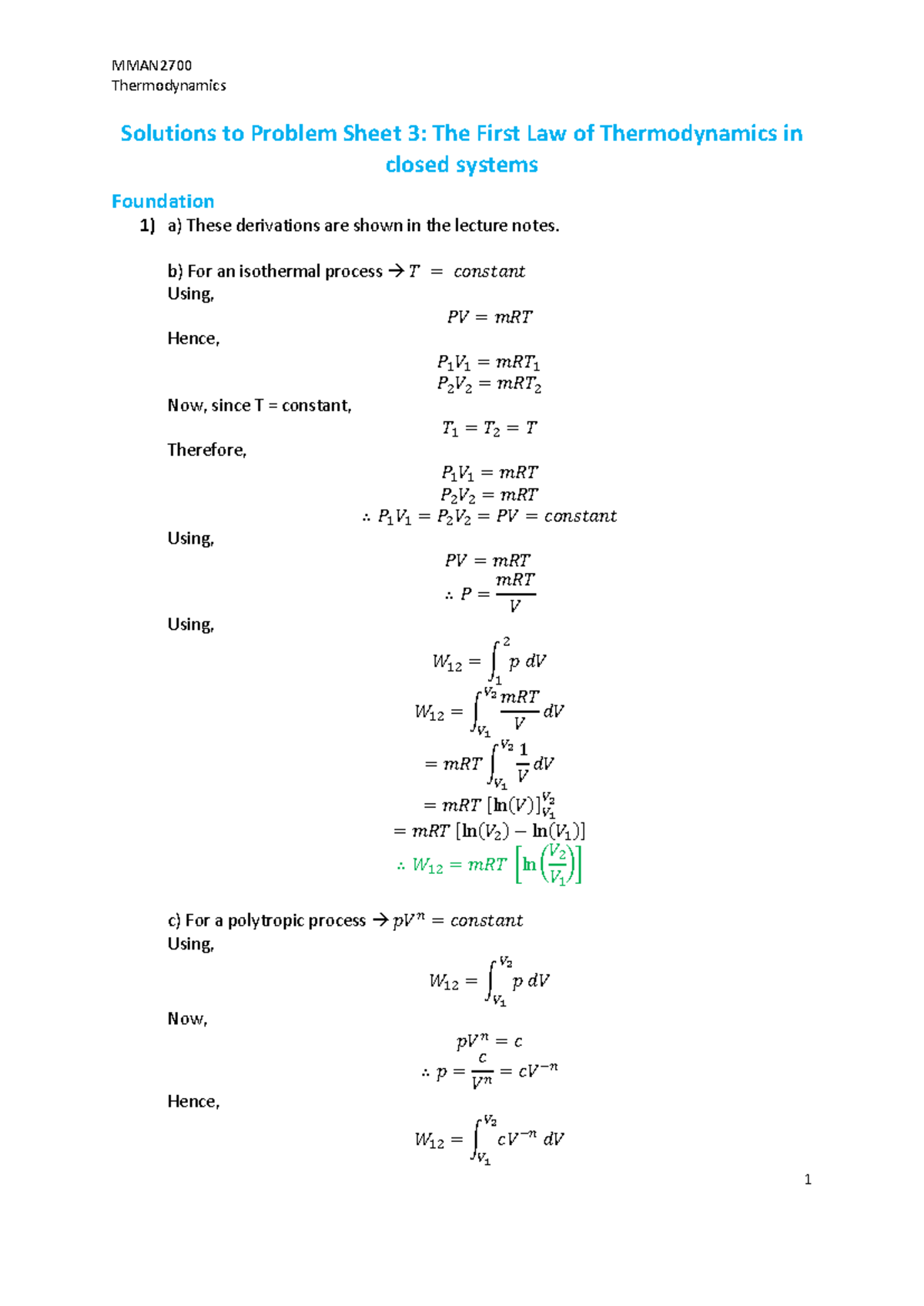 MMAN2700 Thermodynamics Problem Sheet 3 Solutions: First Law in Closed ...