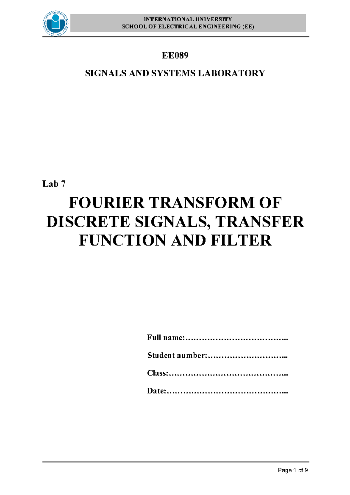Lab 7 Transfer Functions and Filters - SCHOOL OF ELECTRICAL ENGINEERING ...