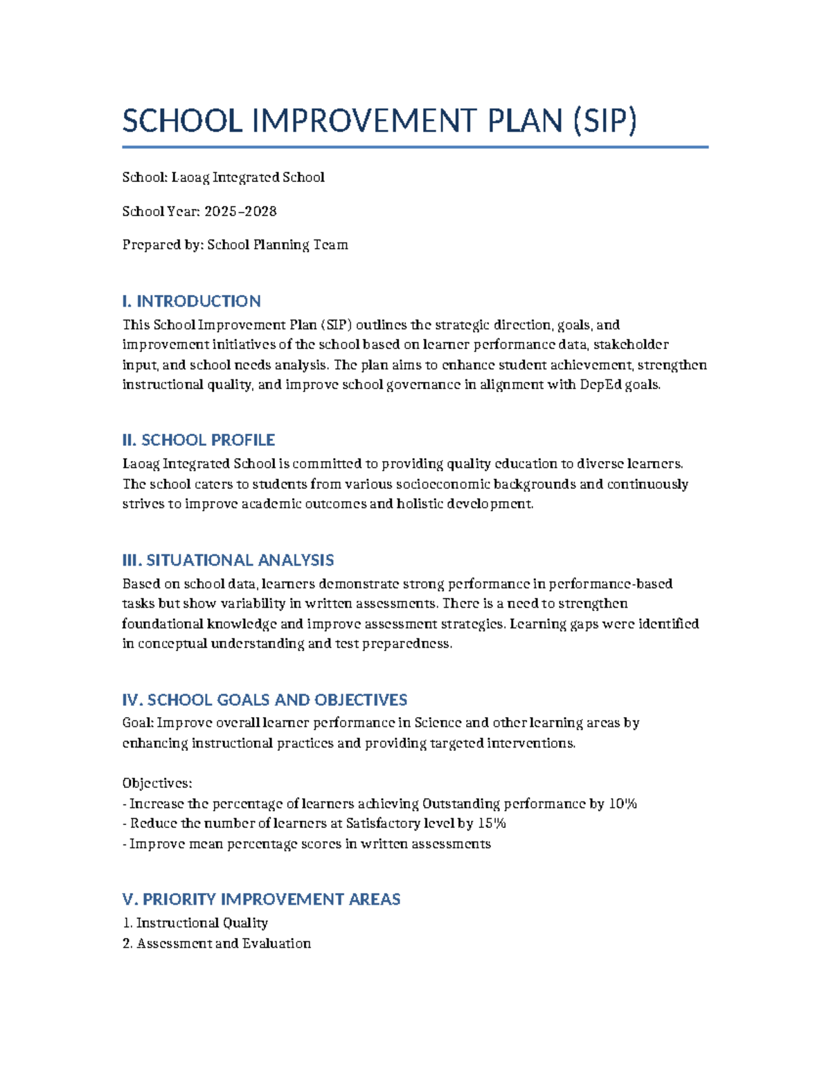 SCHOOL IMPROVEMENT PLAN (SIP) Guide for Laoag Integrated School - Studocu