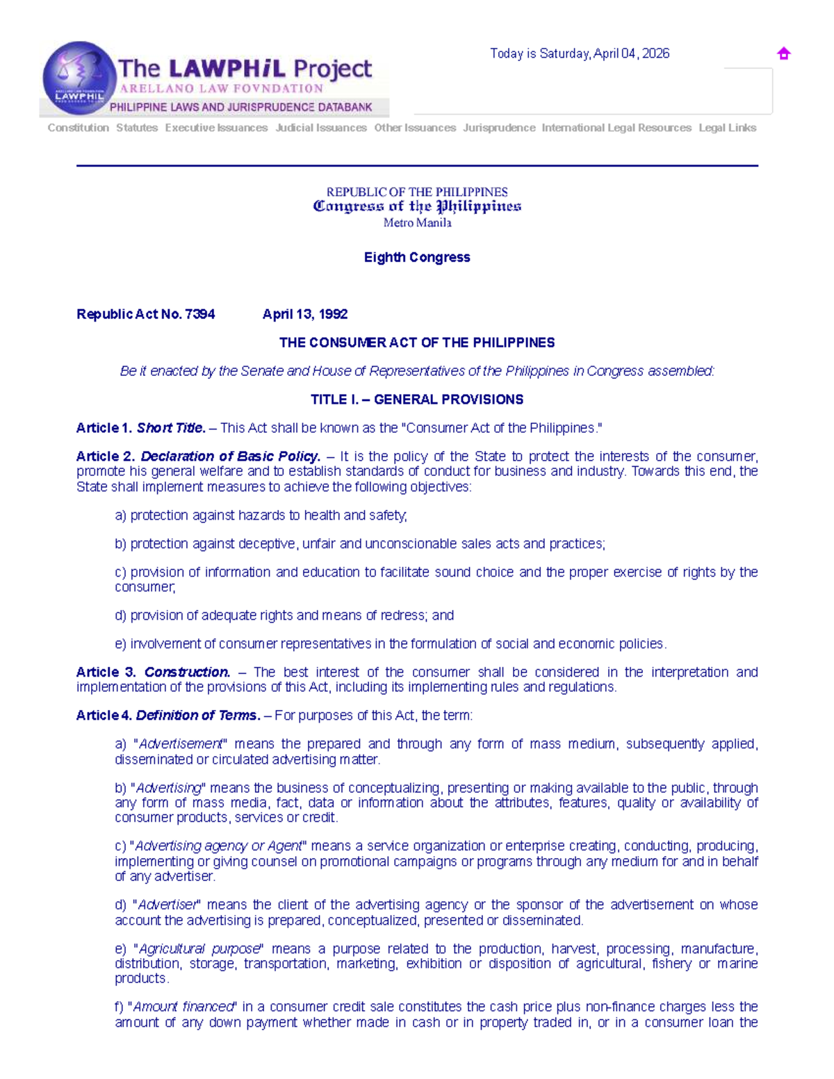 R.A. 7394 Consumer Act of the Philippines: Comprehensive Overview - Studocu
