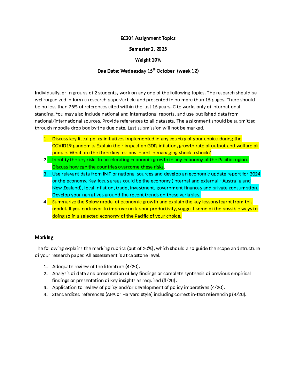 EC301 Assignment Topics for Semester 2, 2025: Research Guidelines - Studocu