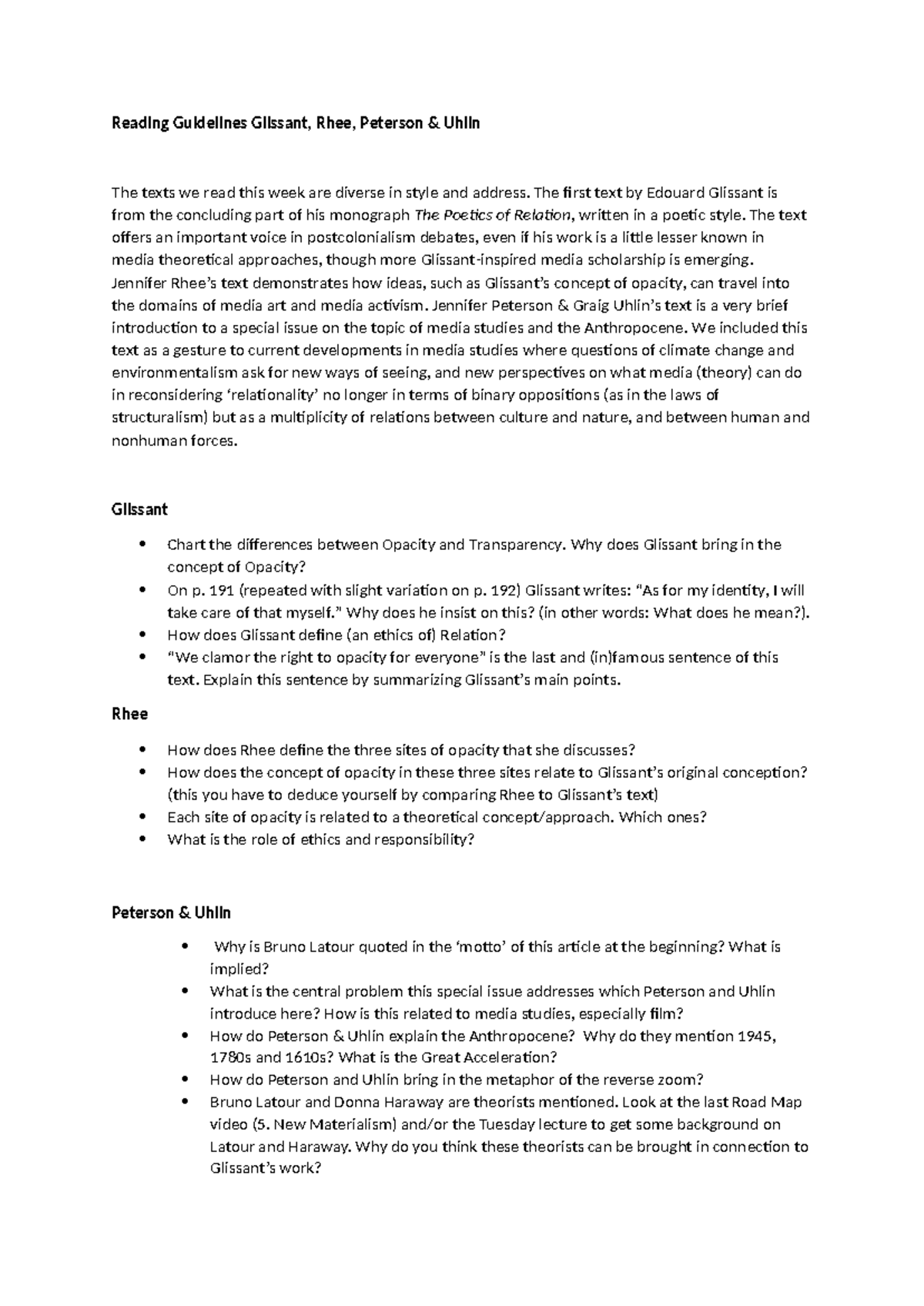 W6 Reading Guidelines: Glissant, Rhee, Peterson Insights on Opacity ...