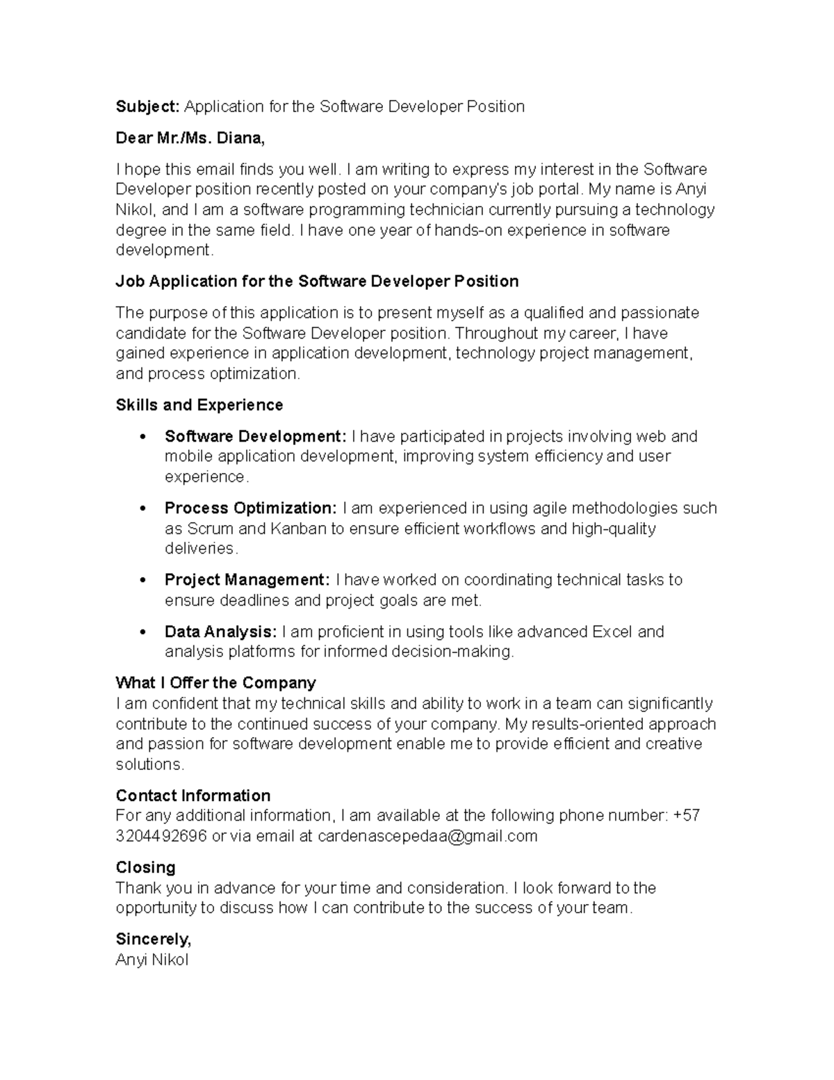 Documento Escrito - Subject: Application for the Software Developer ...