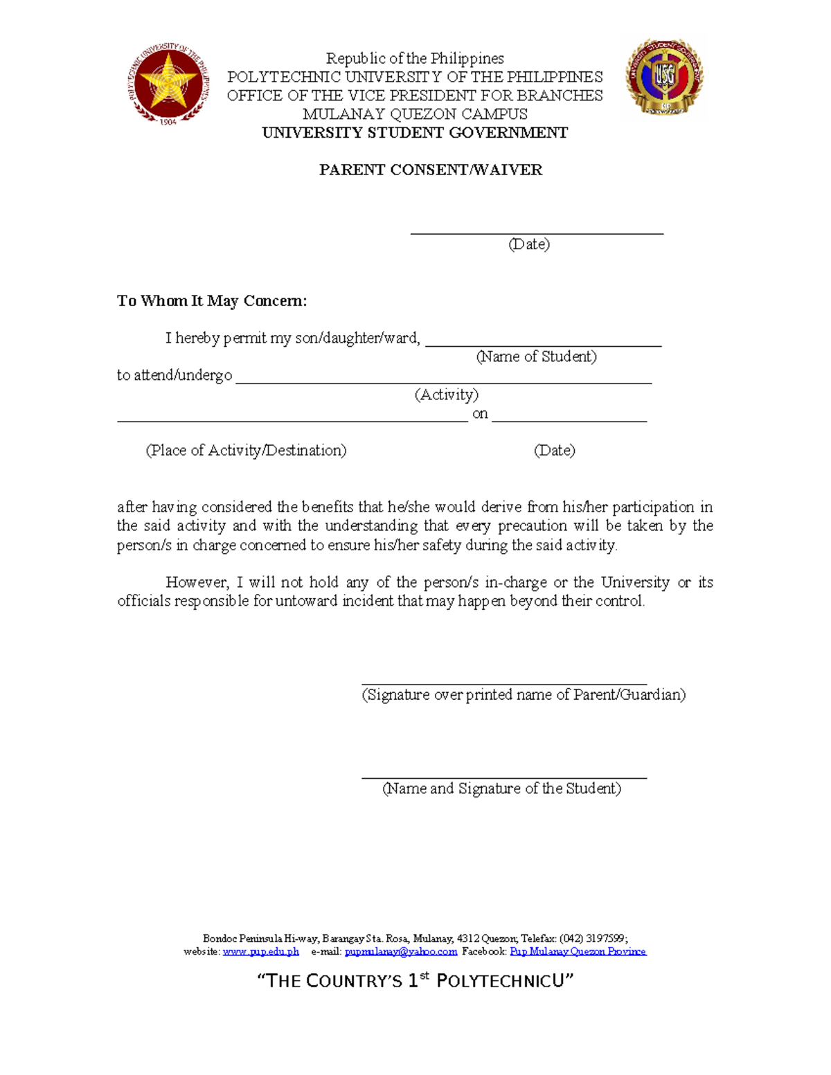 Waiver FOR Student Activities - Republic of the Philippines POLYTECHNIC ...