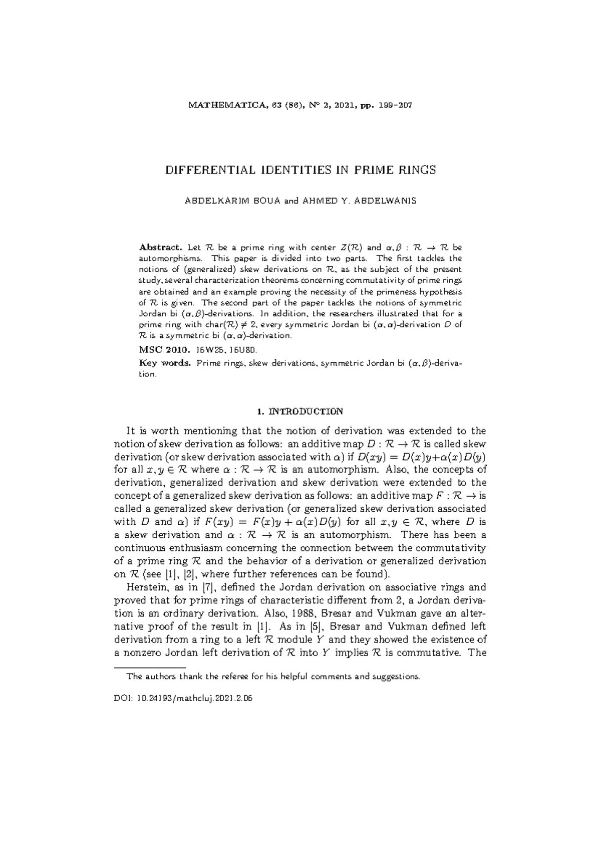 Differential Identities in Prime Rings: A Study by Boua & Abdelwanis ...