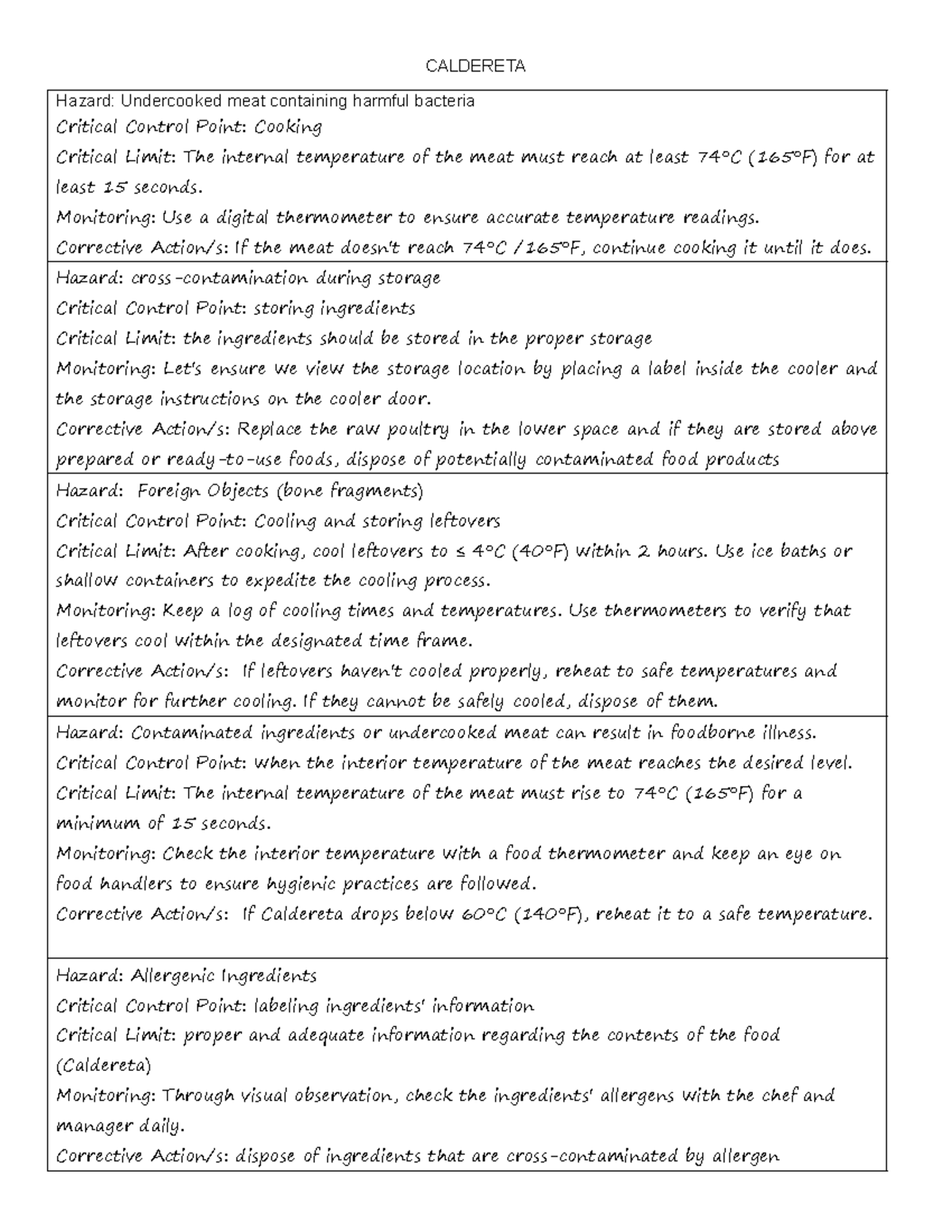 HACCP Guidelines for Caldereta Preparation and Safety Measures - Studocu