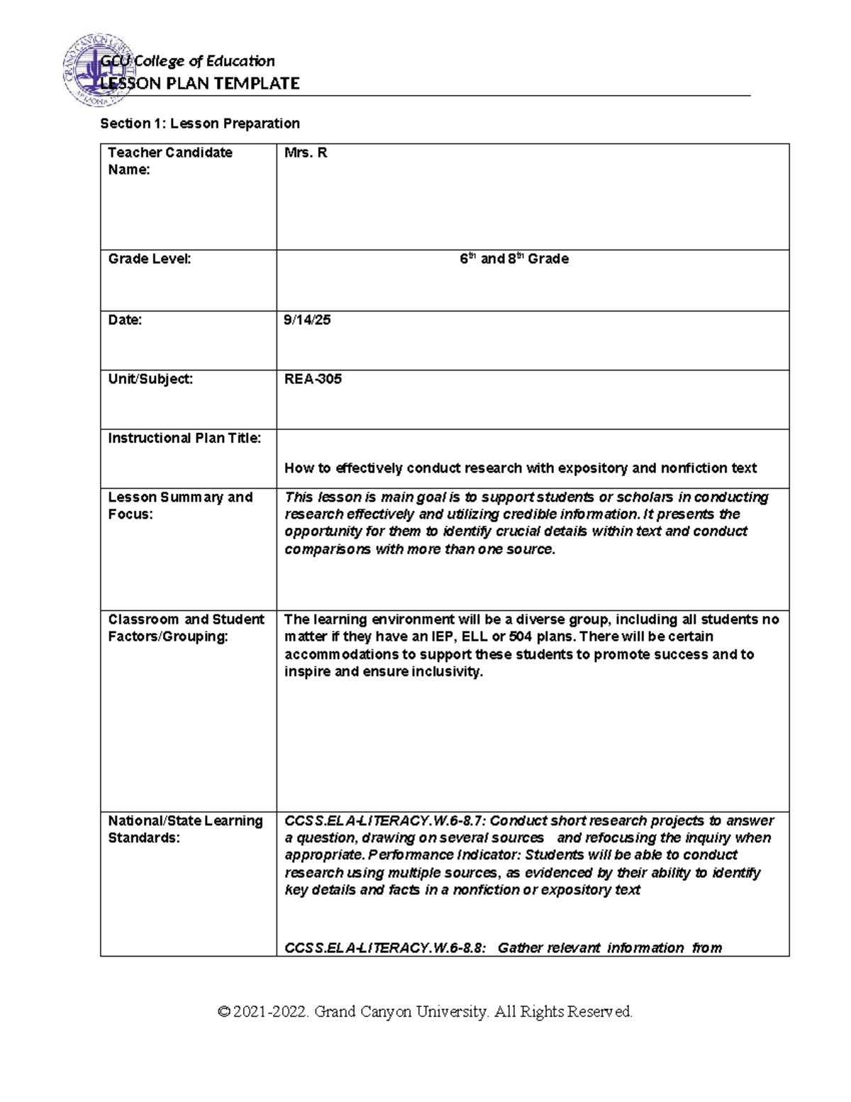 GCU COE LESSON PLAN: Conducting Research with Nonfiction Texts - Studocu