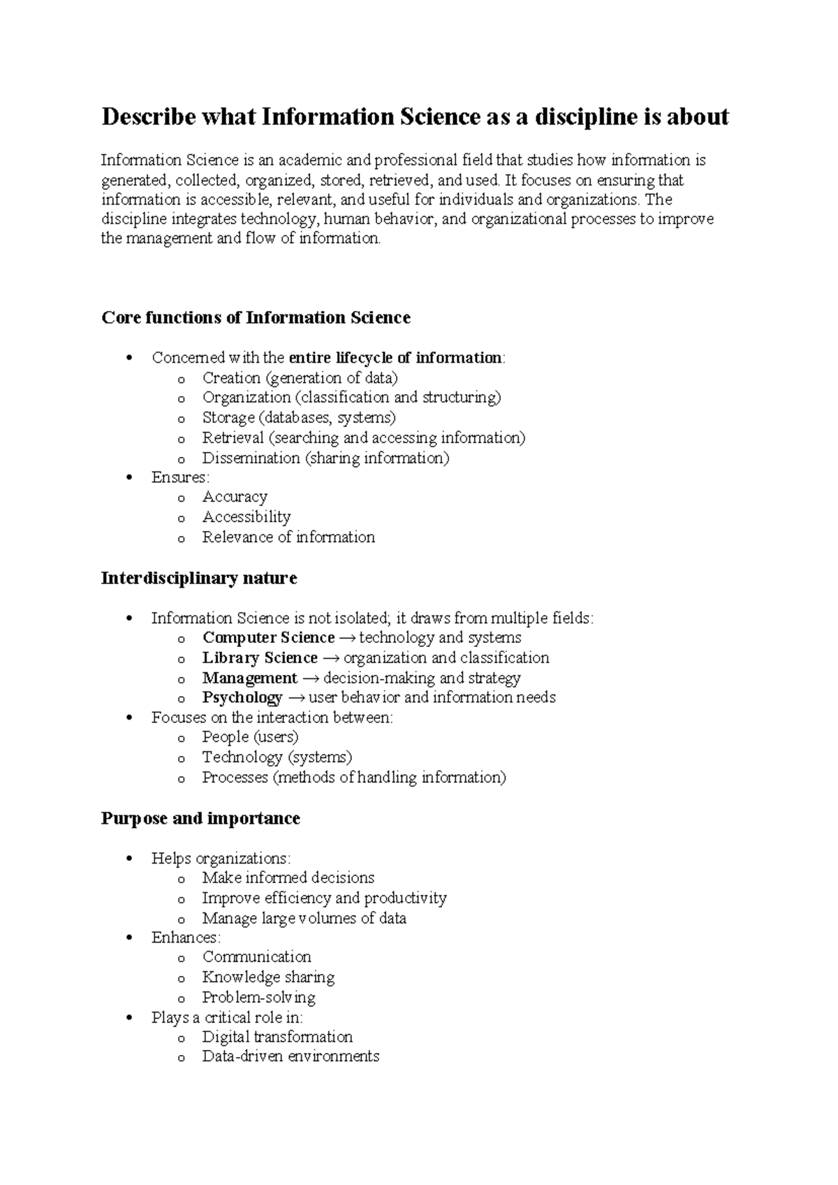 Information Science Overview: Core Functions & Importance - Studocu