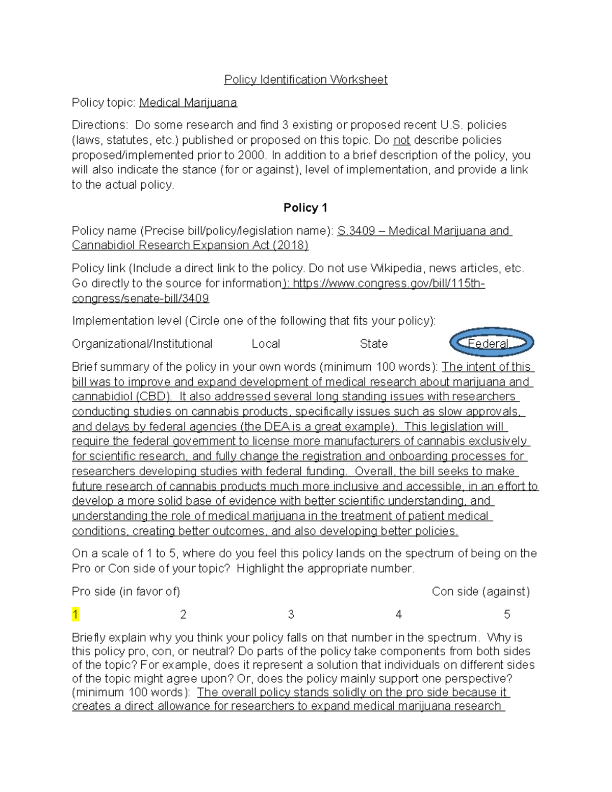 Policy Identification Worksheet: Recent U.S. Policies on Medical ...