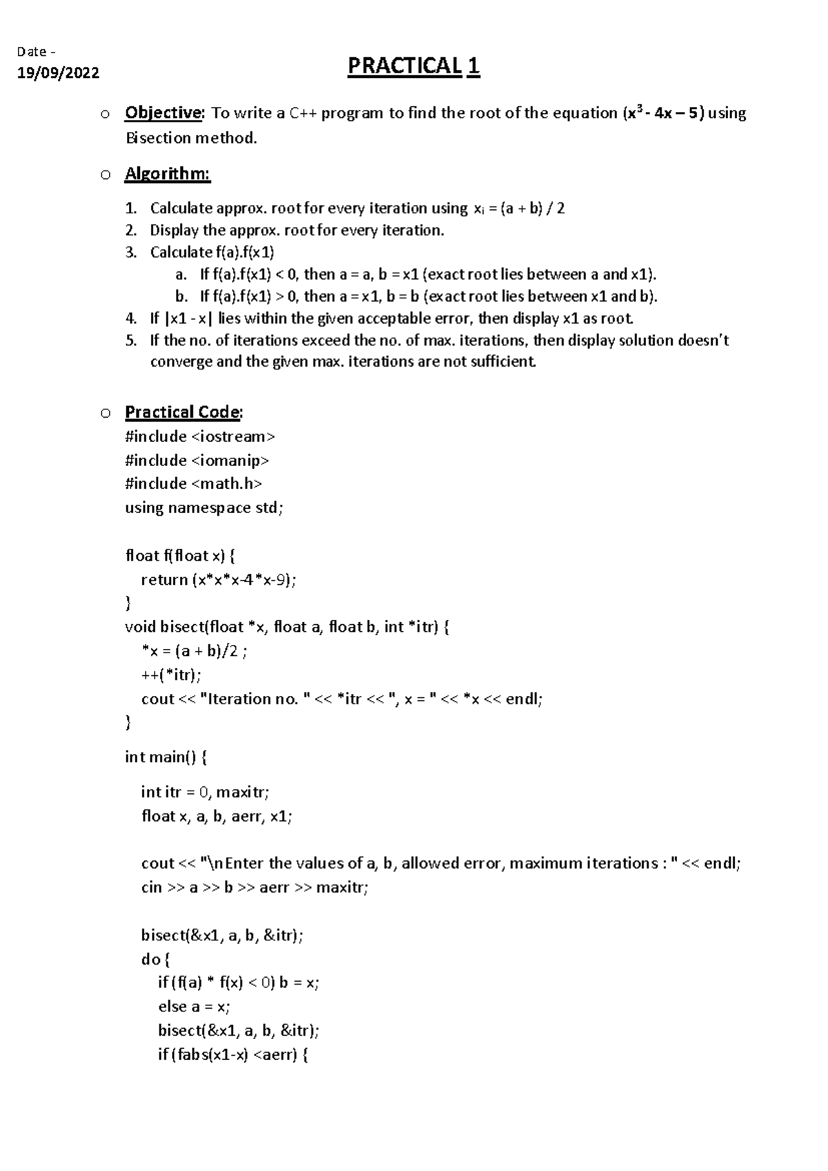 CMpractical 01 - C++ Bisection Method to Find Equation Roots - Studocu