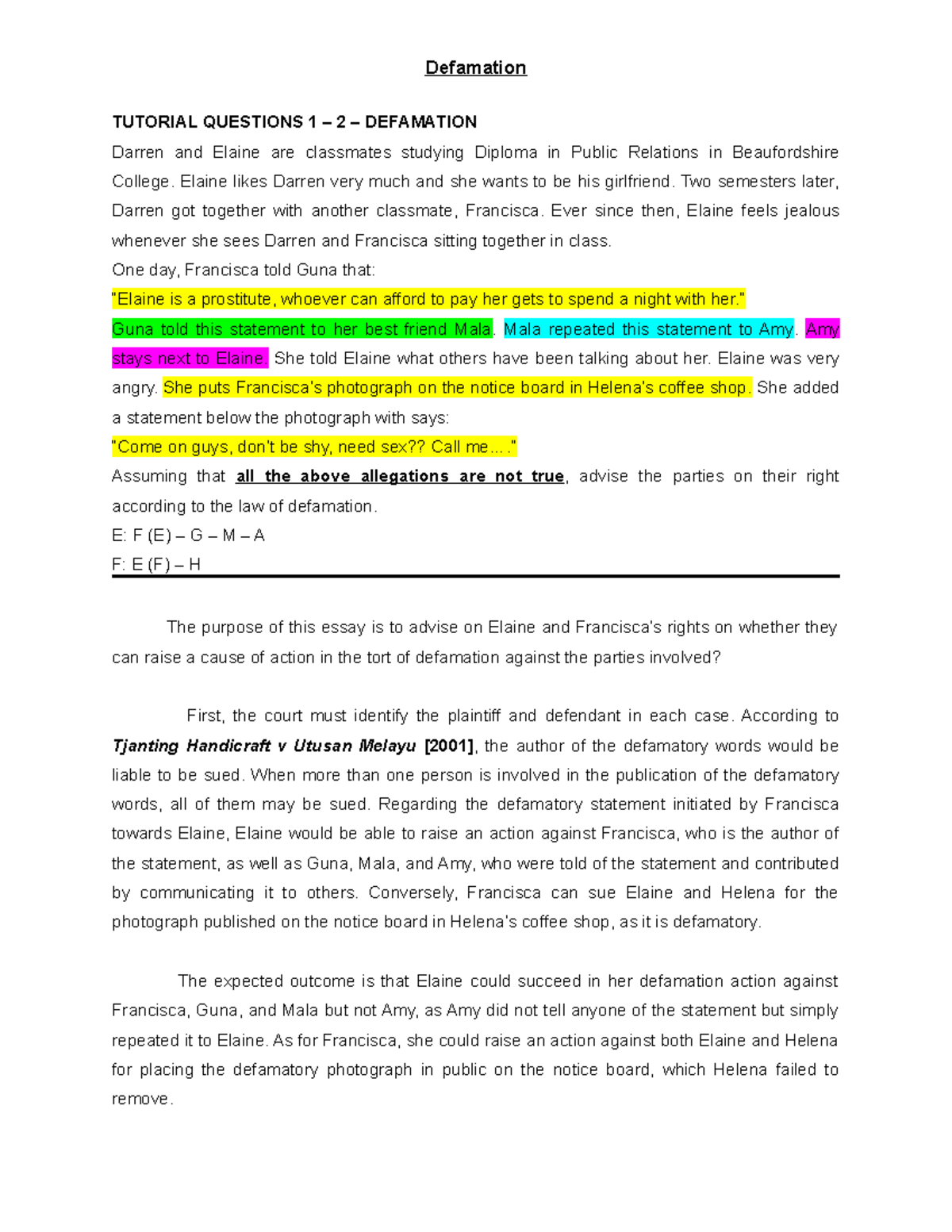 Defamation Tutorial Questions: Legal Rights and Case Analysis - Studocu