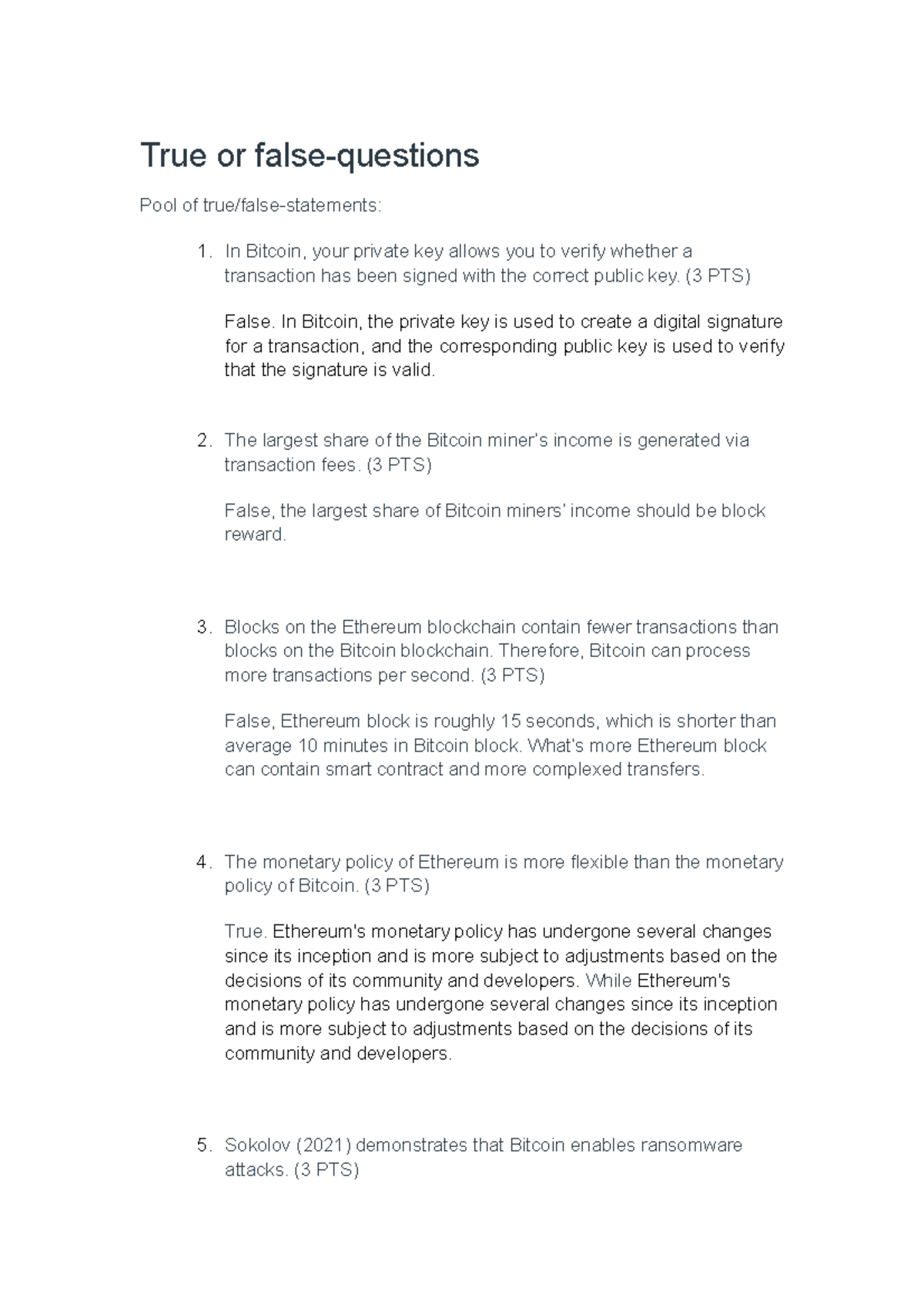 EXAM Guide - True/False Questions and Open Questions Overview - Studeersnel