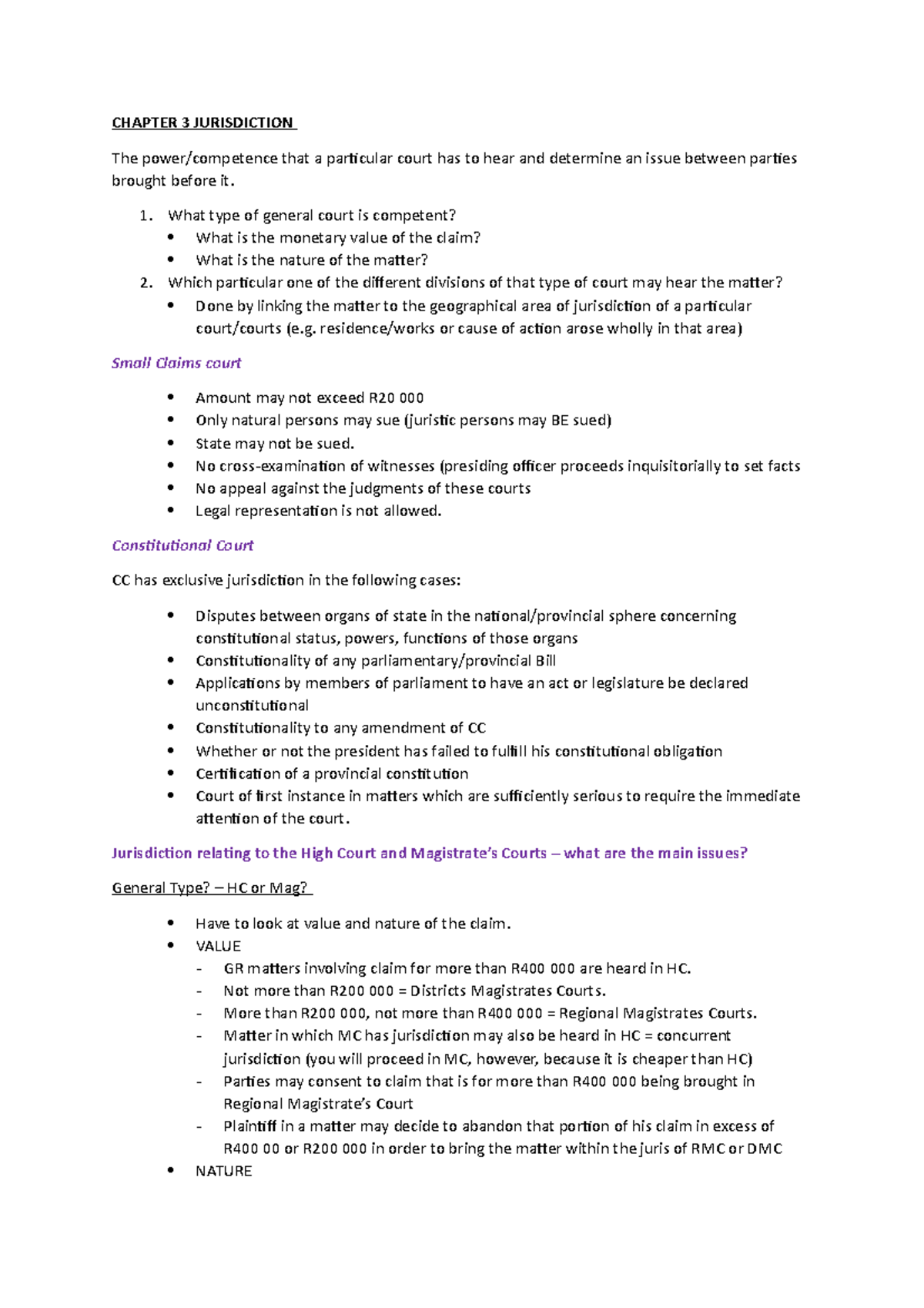 Jurisdiction Notes - Summary for Law 101: Principles & Applications ...