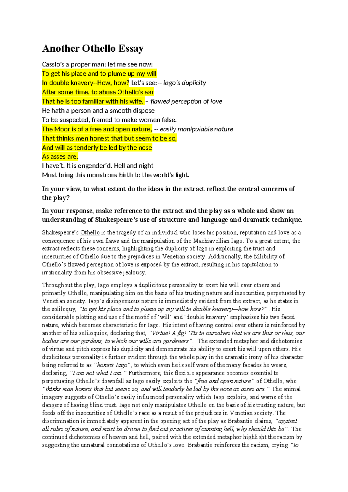 Othello-Essay In your view, to what extent do the ideas in the extract ...